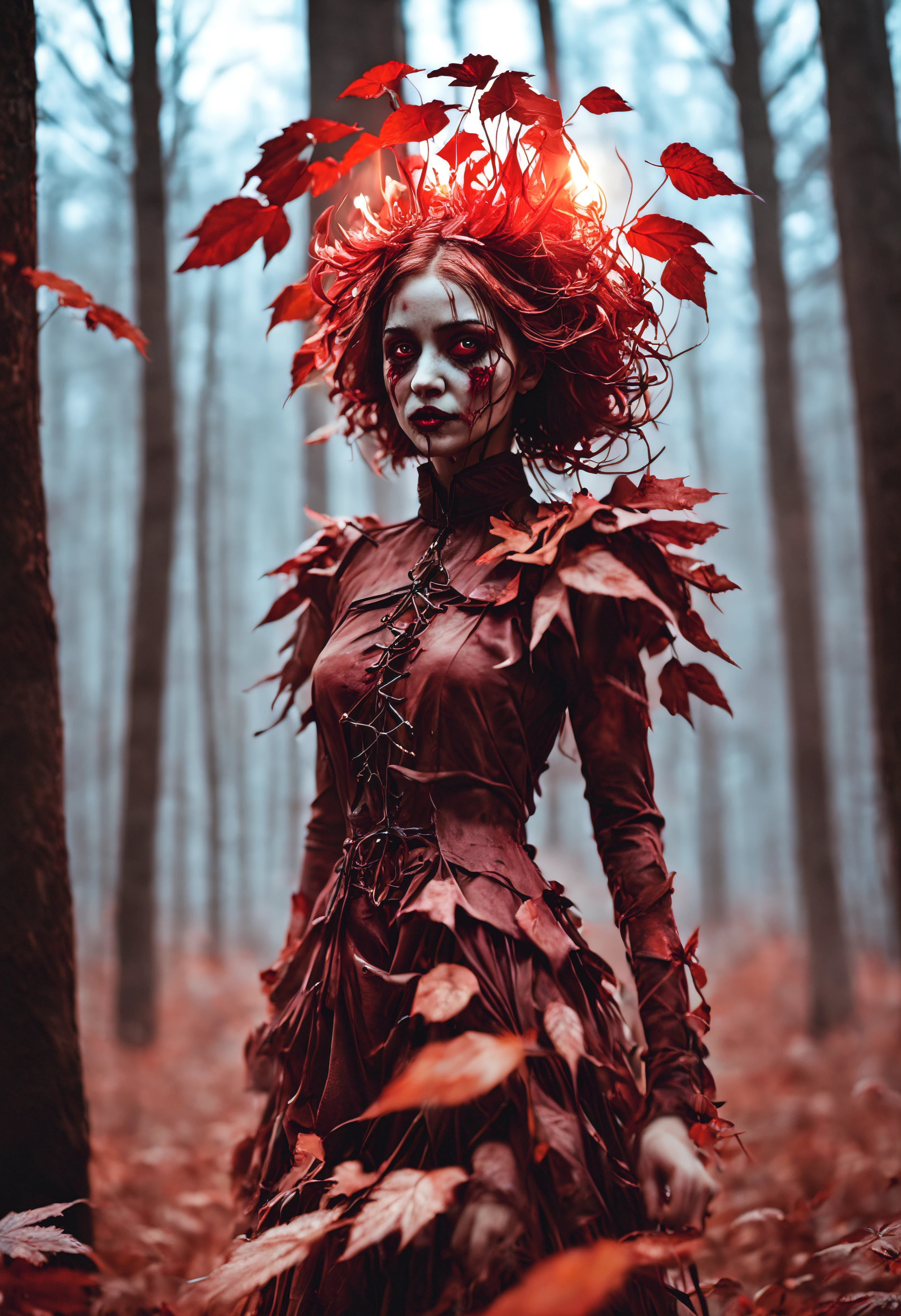 A creepy girl made of dead red plants, In the autumn forest at sunset, High saturation,