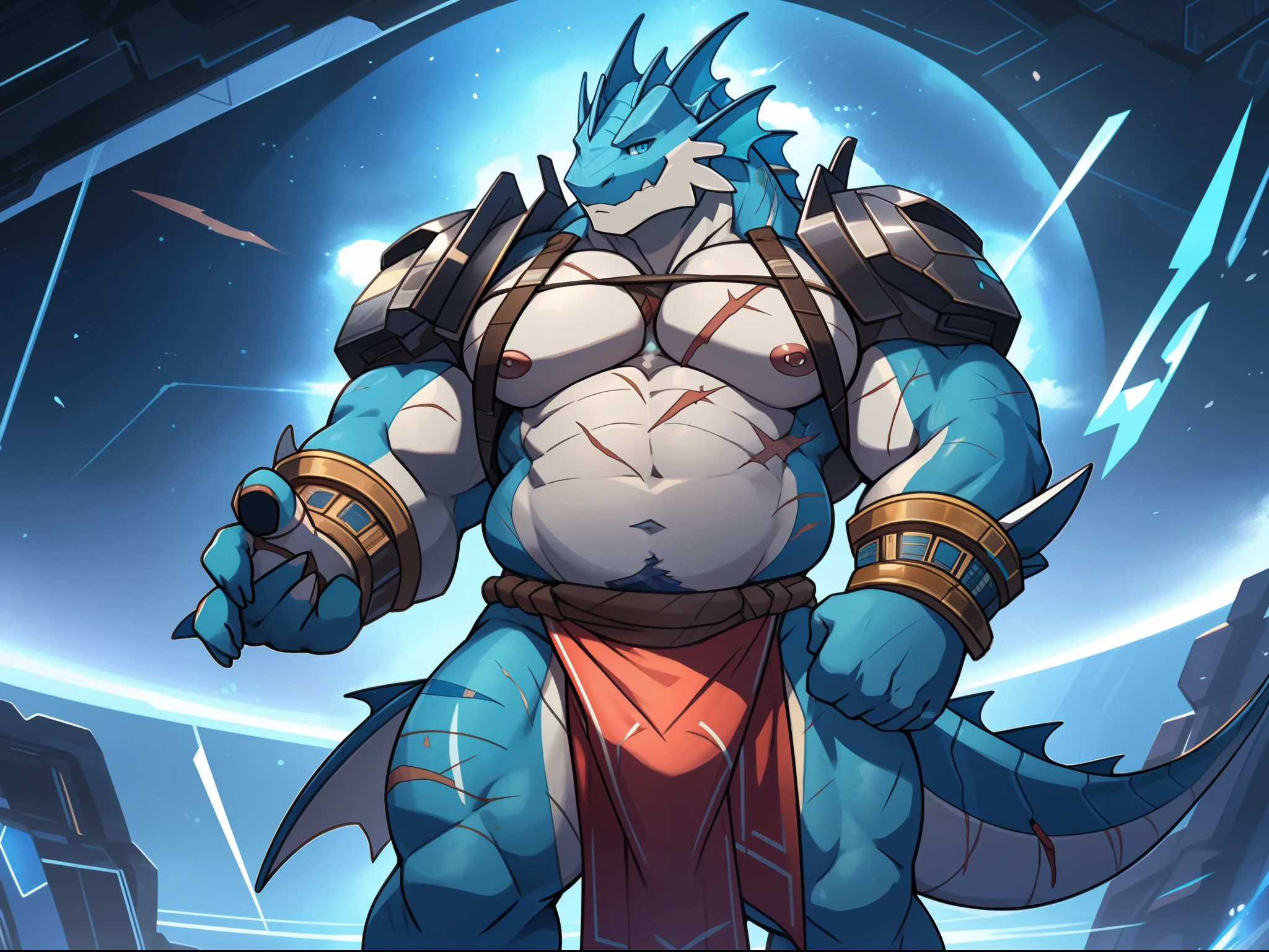 Solo,scifi style,Male, Fish-man generals,cheeky face,Wide face ,Plasma mechanical helmet,Fat Chubby,There are many scars on the face,Yellow-green head fin,There are fins on the arms, Very oversized pink areola , Huge hypertrophic,White lotion squirts,blue color eyes,grey-blue scales,detailed crotch, massive bulge,The erection,Brown loincloth。