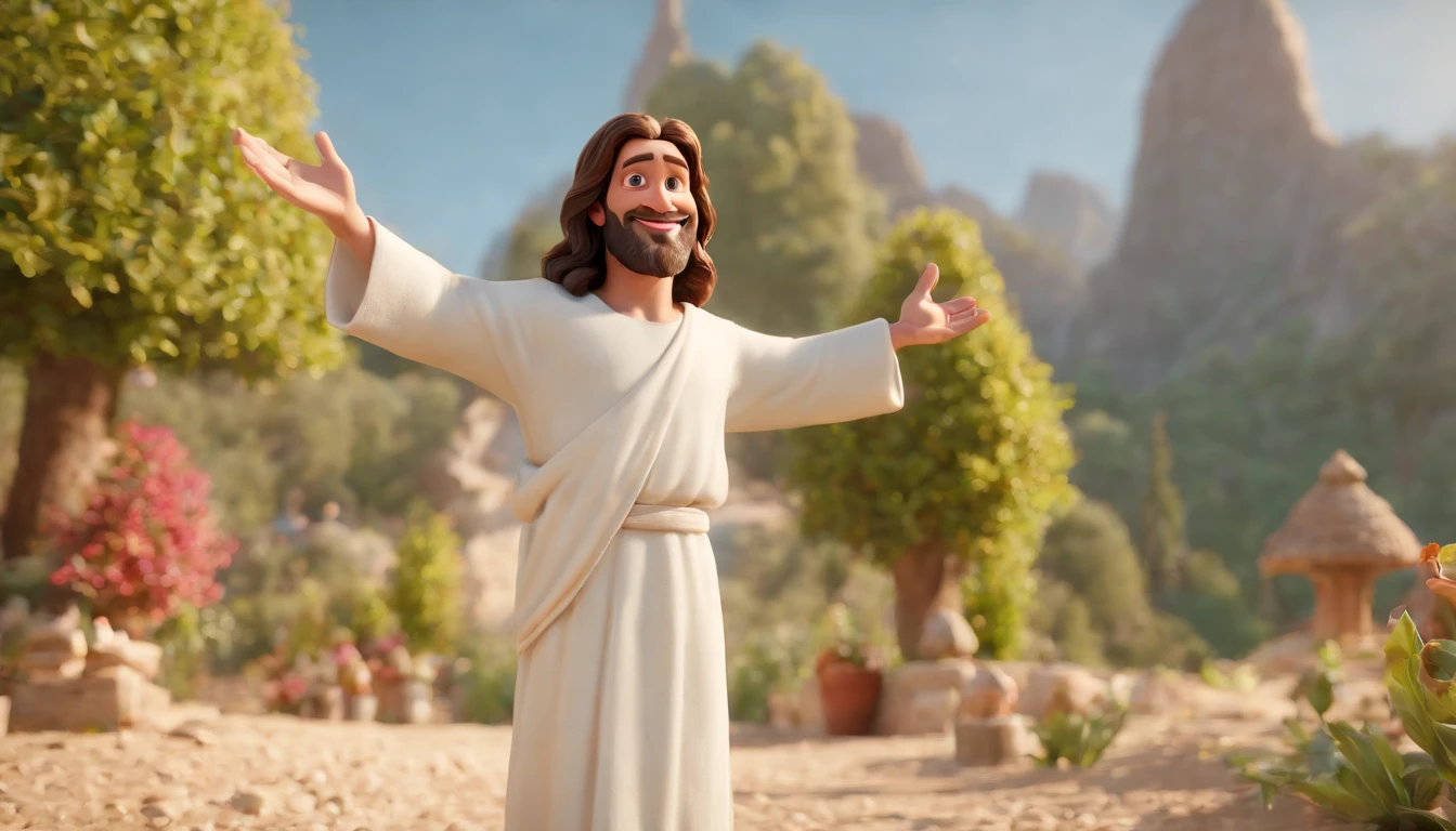 a pixa Disney cartoon  of biblical times "Generate a realistic depiction of Jesus in a garden with many people dress in white, com flores coloridas ao redor e luz suave iluminando seu rosto." high definition image, detalhamento alto e estilo fotorrealismo. Imagem com pelo menos 300 dpi, UHD 8k in heaven, a very beautiful place in heaven, animated film, 3 d animated movie, animated still, animated movie, inspired by Johannes Helgeson, jesus wasted at a party, animation film, animated film still, rendered in corona, epic illumination, 3 d animated, 3d animated, he is greeting you warmly Caractere estilizado, animation style rendering, 3D estilizado, Arnold Maya render, 3 d render stylized, toon render keyshot, Personagem 3D, Personagem 3D, 3d rendering stylized, 3 d character render, personagem de desenho animado, Personagem de close up, Pose de personagem,  (Estilo Pixar) (master part:1.2) (Bokeh) (best quality) (pele detalhada) (textura detalhada) (8k) (argila) (Cinematic lighting) (foco nítido