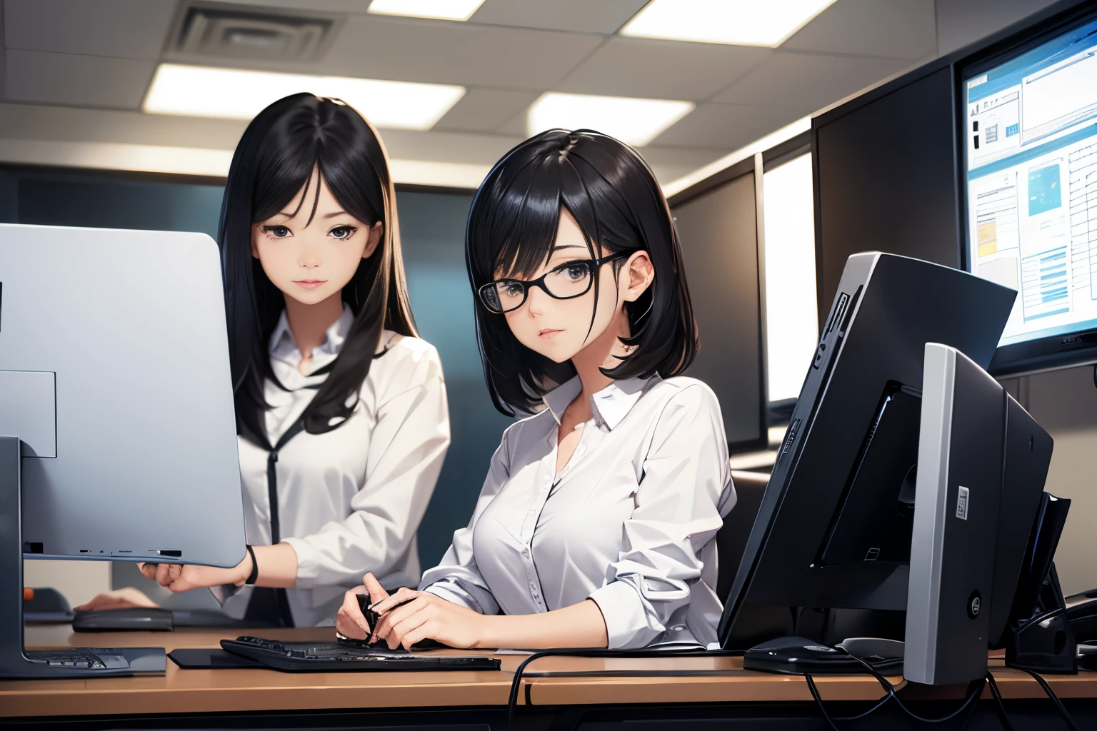 Office lady working on a computer at her office desk、1girl in,  serious cover、black hair、