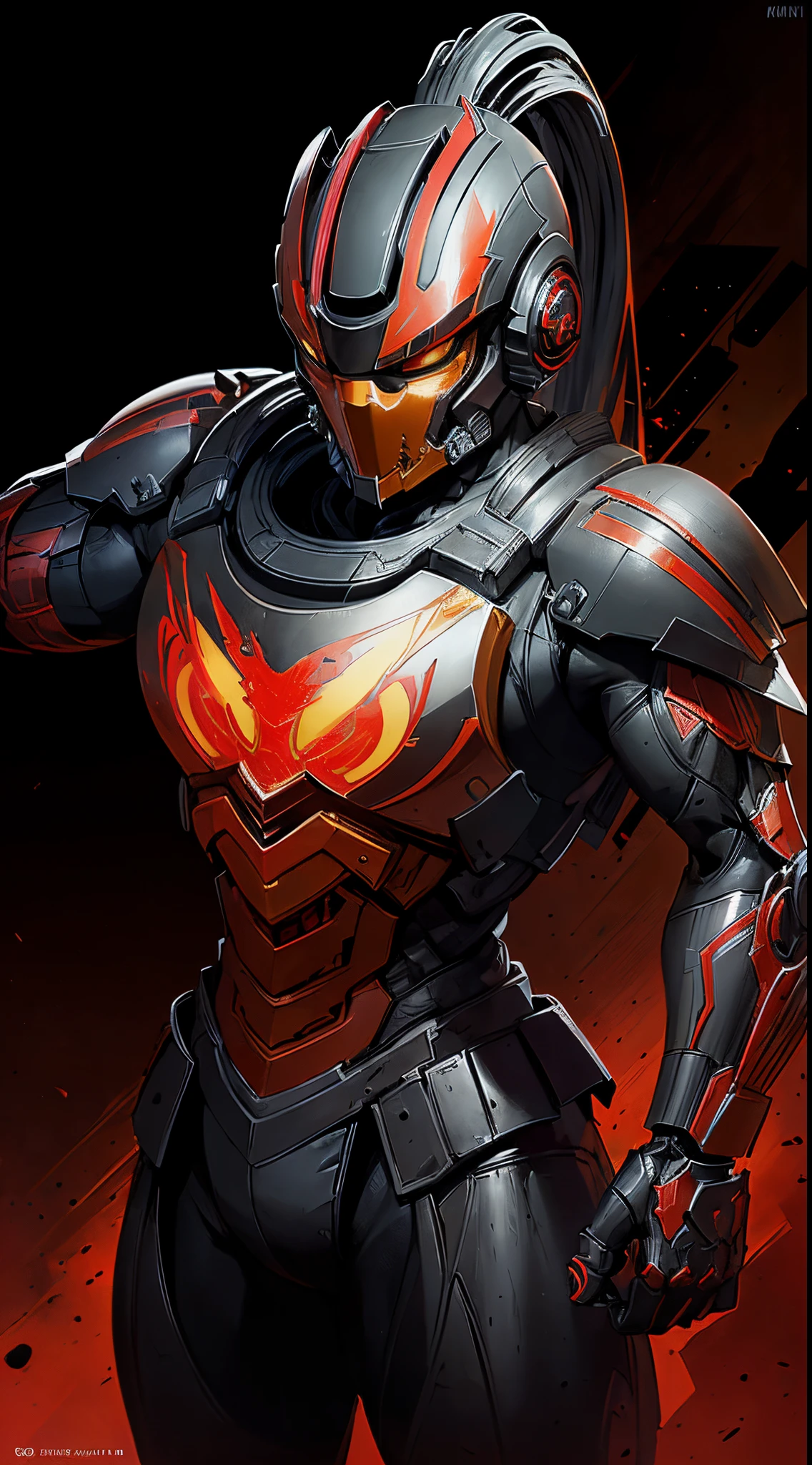 zxcrx, cyborg ninja wearing sleek, (red and black armour:1.5) that incorporates various mechanical components, his face is covered by a helmet with a (glowing red visor:1.3), equipped with powerful flamethrowers, missile launchers, retractable blades, intricate, high detail, sharp focus, dramatic, photorealistic painting art by greg rutkowski