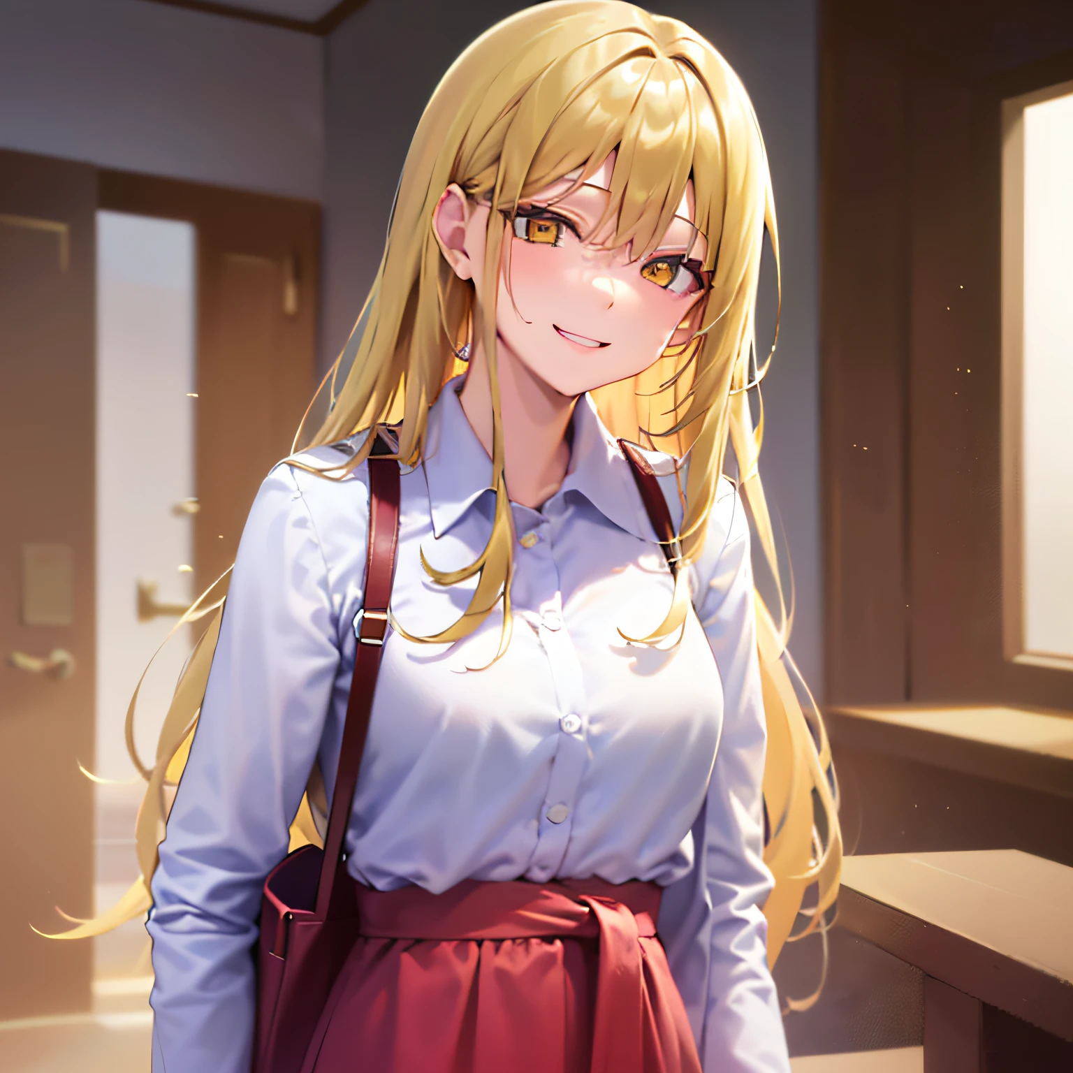 entrance_ground, masterpiece、hightquality、(Blonde long hair, yellow eyes)、An 18-year-old woman、(Alone:1.5)、Wearing a white blouse、(A smiling expression of embarrassment:1.1)、(upturned eyes:1.3)、(Only the upper body is shown.:1.3)、is standing、Bold composition、The background is the living room