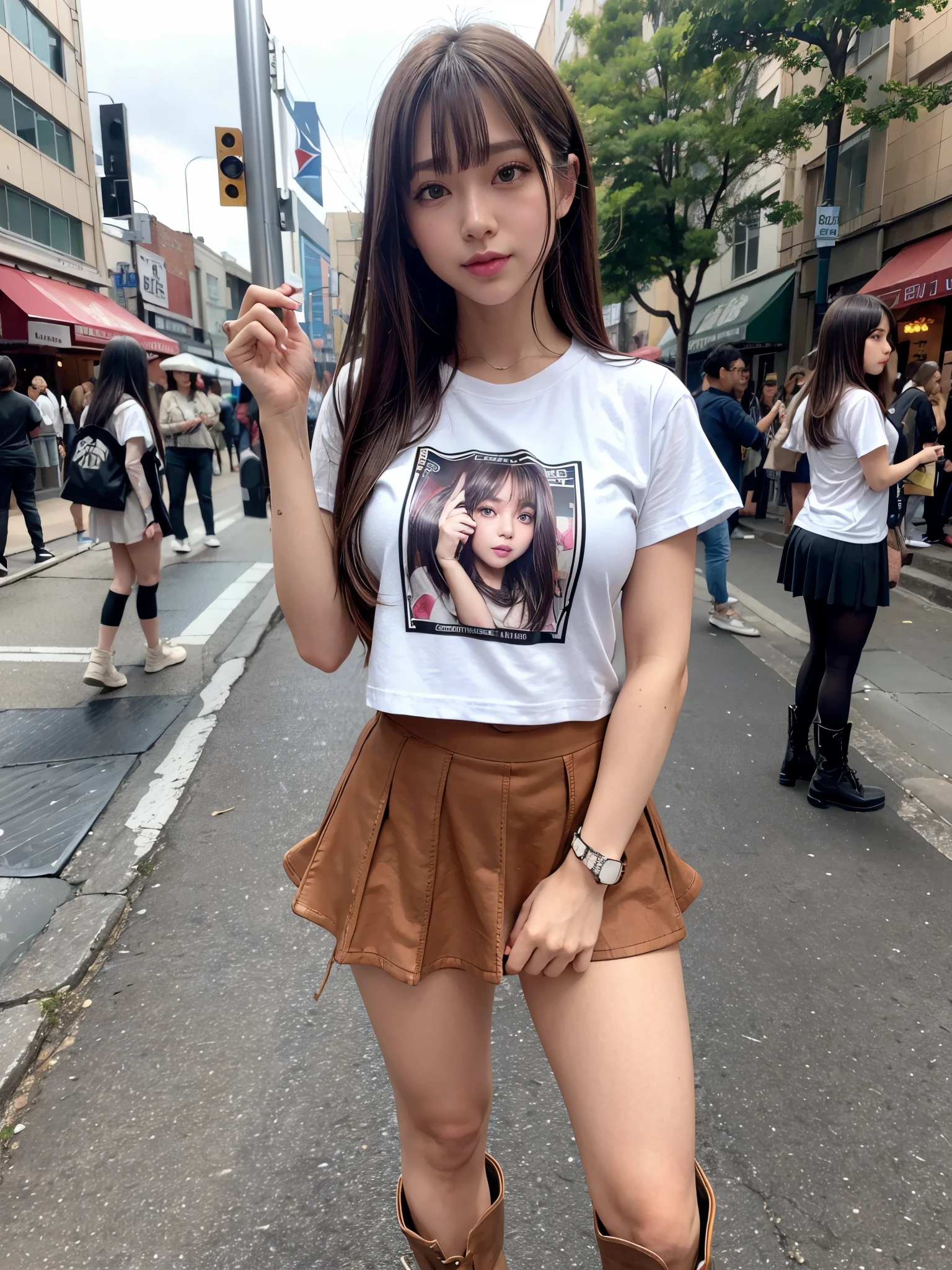 8K,Best Quality, masutepiece, ultra-detailliert, 超A high resolution, Photorealistic, Raw photo, absurderes, absolutely resolution, 1girl in, Solo,Cowboy Shot,a Japanese young pretty woman, hyper cute face, Glamorous figure, Large breasts , Long bob hair ,Smile,(Mini skirt, graphic t-shirt, Combat boots:1.3),Beautiful eyes ,Windy, pose on a crowded street, Glossy lips, Double eyelids in both eyes, Natural makeup, long eyelashes, Glossy smooth light brown long bob hair, asymmetrical bangs, Shiny skin, central image, High resolution, high detailing, detailed hairstyle, Detailed face, spectacular movie lighting, Octane Rendering, Vibrant, Hyper realistic, Perfect limbs, Perfect Anatomy