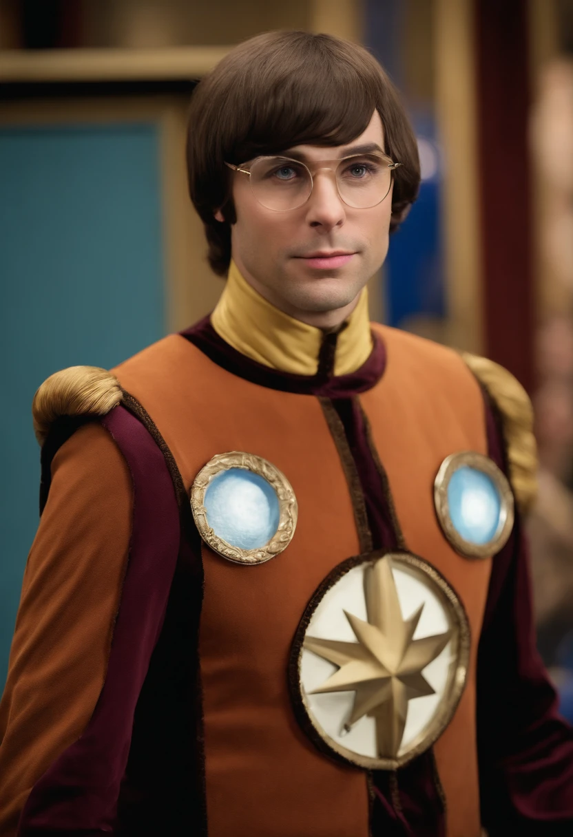 A photo of Howard at a cosplay convention, dressed in an elaborate costume.,The Big Bang Theory,Woward is a man with a large nose, brown bowl cut, and wears turtlenecks
