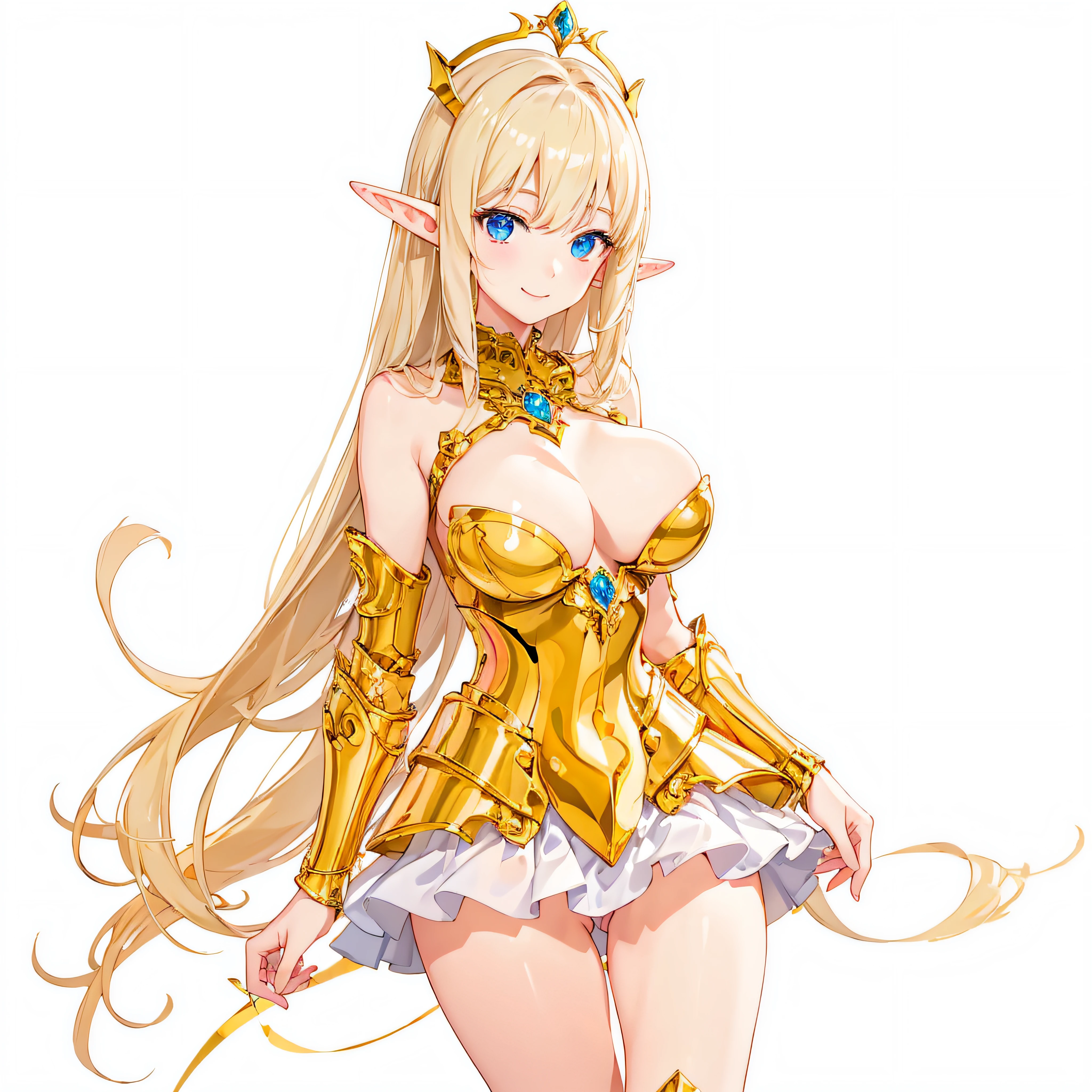 ​masterpiece、top-quality、ighly detailed、hight resolution、１６ｋ、fullnude、teats、Polori、Boob proportions、golden armour、Very thin skirt、Black pants、Full body like、Very white skin、Beautiful fingers、Anime girl with very big breasts posing naked、Perfect Style、elvish、no-bra、Blonde blue-eyed、A smile、An elf girl