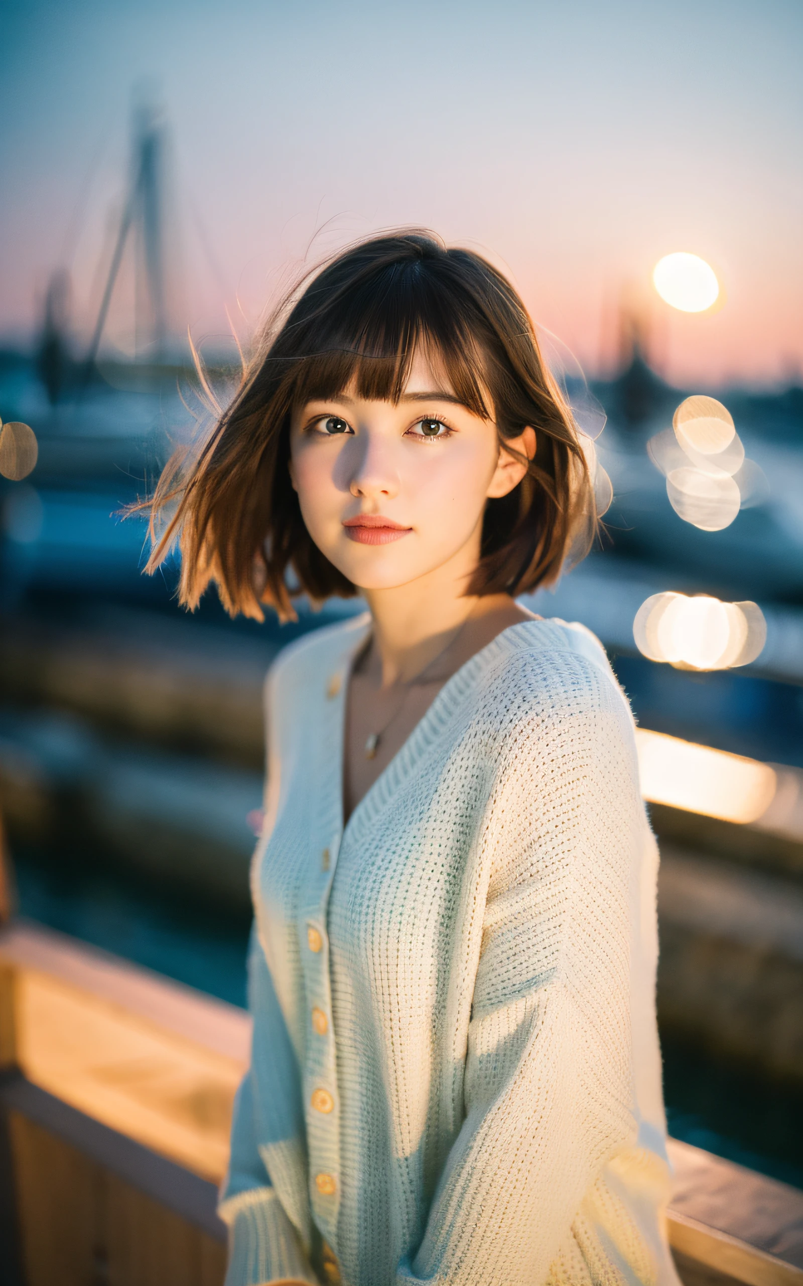 masterpiece, Best Quality, 8K, 1 girl, Yacht harbor, at night, 18 yo, medium breasts, Mouth slightly open, cute little, Solo, sad, Clothes that look good in autumn, Cute, Girly, Delicate girl, Neat and clean beauty, Raw photo, Professional Photography, Portrait, Soft light, Professional Lighting, Back lighting, Upper body, see the beholder, Sophisticated, Film grain, (Eyes and faces with detailed:1.0), Short hair swaying in the wind, beautiful flowing brown hair, Bangs