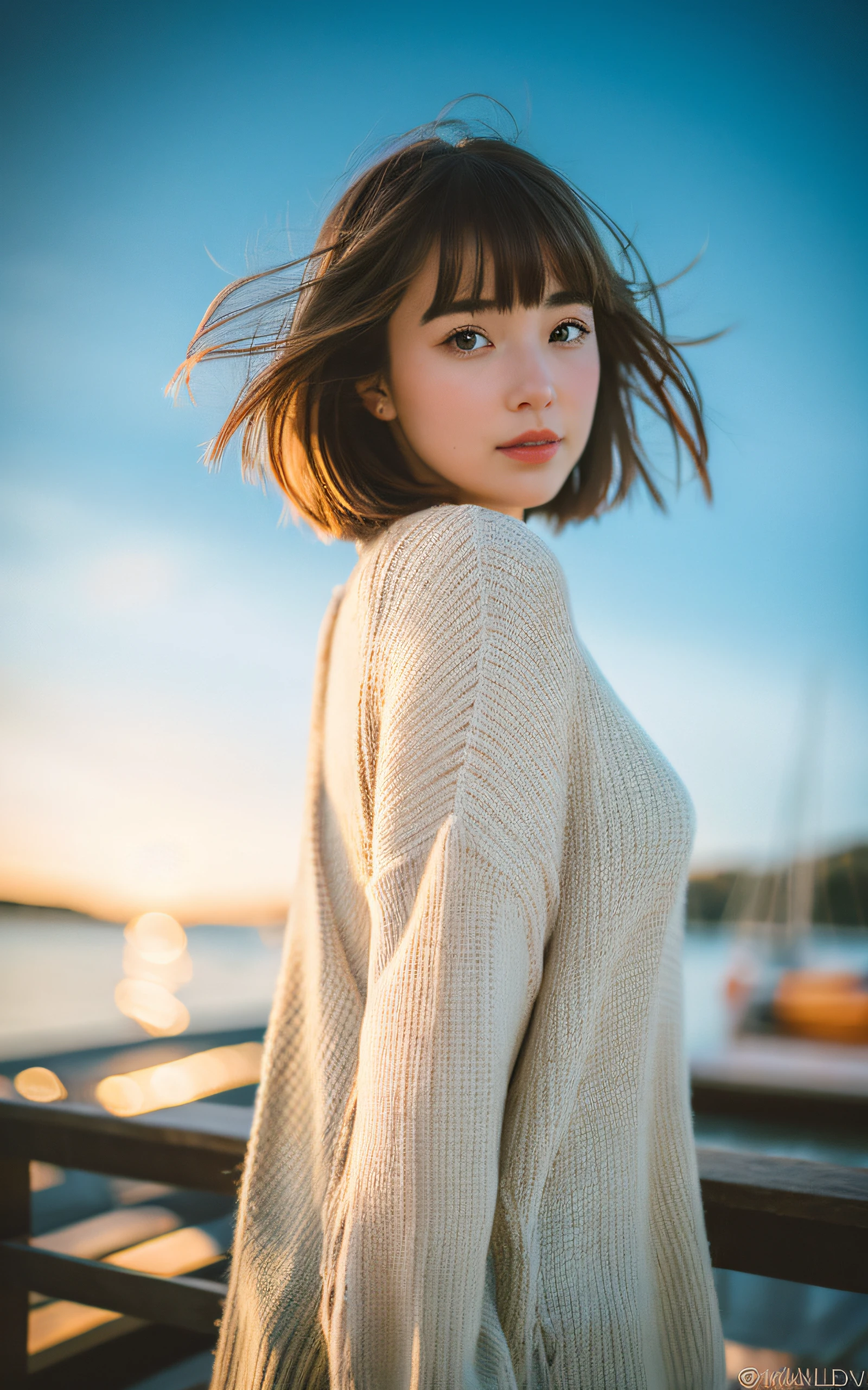 masterpiece, Best Quality, 8K, 1 girl, Yacht harbor, at night, 18 yo, medium breasts, Mouth slightly open, cute little, Solo, sad, Clothes that look good in autumn, Cute, Girly, Delicate girl, Neat and clean beauty, Raw photo, Professional Photography, Portrait, Soft light, Professional Lighting, Back lighting, Upper body, see the beholder, Sophisticated, Film grain, (Eyes and faces with detailed:1.0), Short hair swaying in the wind, beautiful flowing brown hair, Bangs