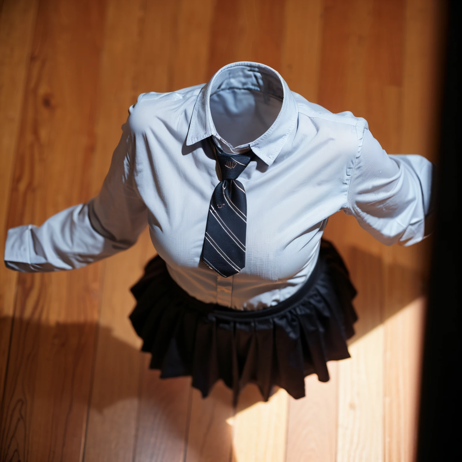 (invisible, no humans, headless, handless, faceless:1.7),cute big breasts, dynamic angle, (cardigan, bowtie:1.3), (school uniform, pleated skirt, black footwear, white socks, loafers, grey skirt, loose socks), high resolution, (8k, RAW photo, best quality, masterpiece:1.2), (realistic, photo-realistic:1.37), photon mapping, radiosity, ((Hasselblad photography)), physically-based rendering