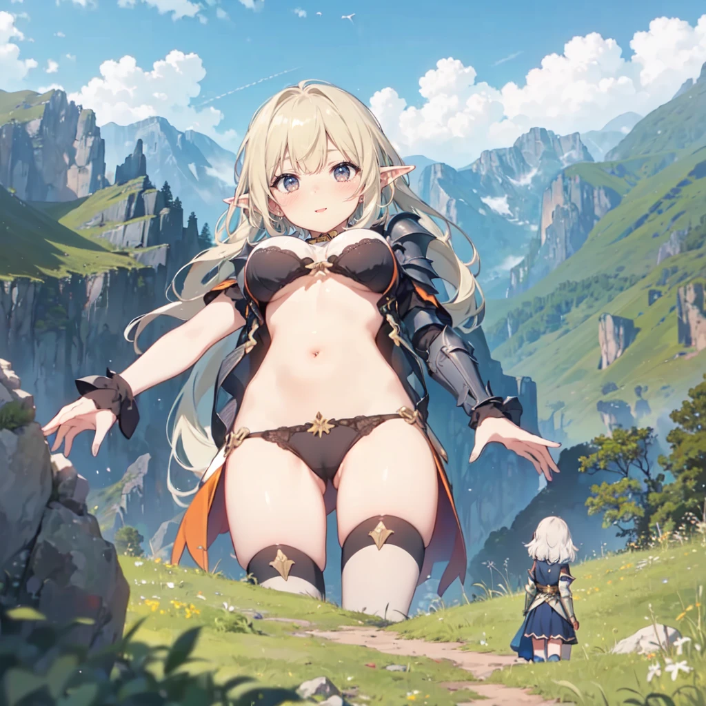 forest, cliffs, mountains, a giantess looking down at a girl on a hill, a girl on a hill in front of the breasts of a giantess, (2girls:1.5), (size_difference:1.3), (height_difference:1.2), elf, huge breasts,
a (giantess:1.4), (breasts and face closeup), face, naked, bra, (rear end:1.2), knight armor, looking at another,
