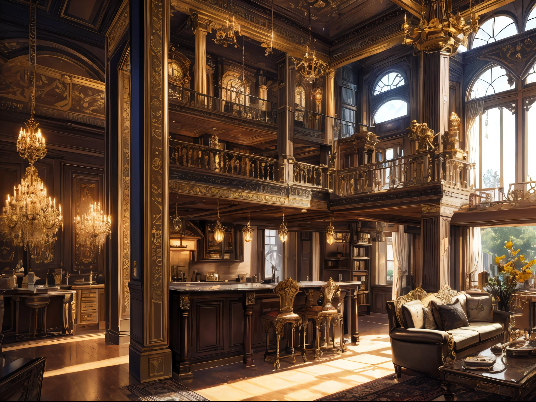 Transform the luxury home into a steampunk-inspired mansion, with ornate Victorian-era details, brass fixtures, and imaginative steam-powered technology reminiscent of steampunk artist James Ng.