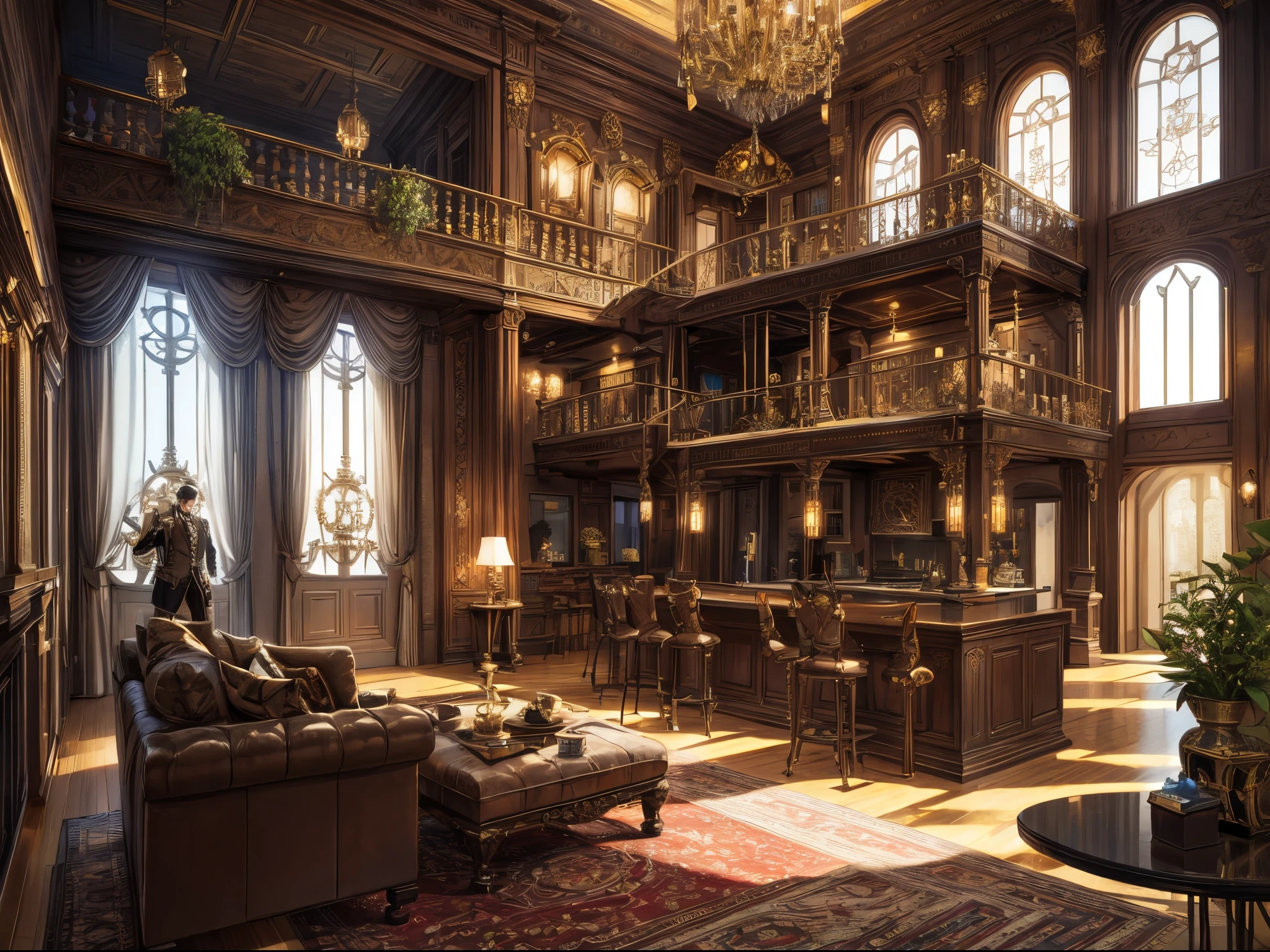 Transform the luxury home into a steampunk-inspired mansion, with ornate Victorian-era details, brass fixtures, and imaginative steam-powered technology reminiscent of steampunk artist James Ng.