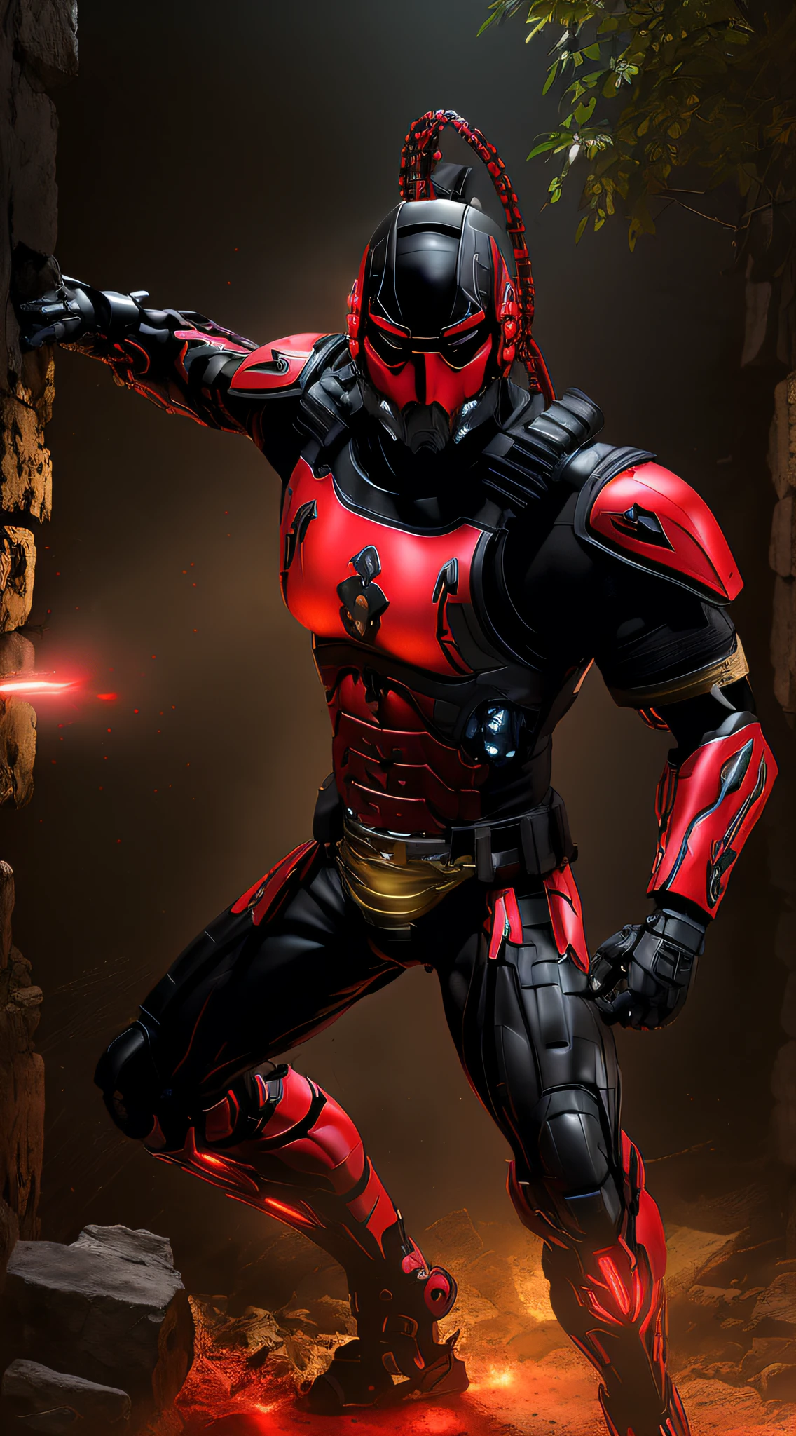 zxcrx, cyborg ninja wearing sleek, (red and black armour:1.5) that incorporates various mechanical components, his face is covered by a helmet with a (glowing red visor:1.3), equipped with powerful flamethrowers, missile launchers, retractable blades, intricate, high detail, sharp focus, dramatic, photorealistic painting art by greg rutkowski