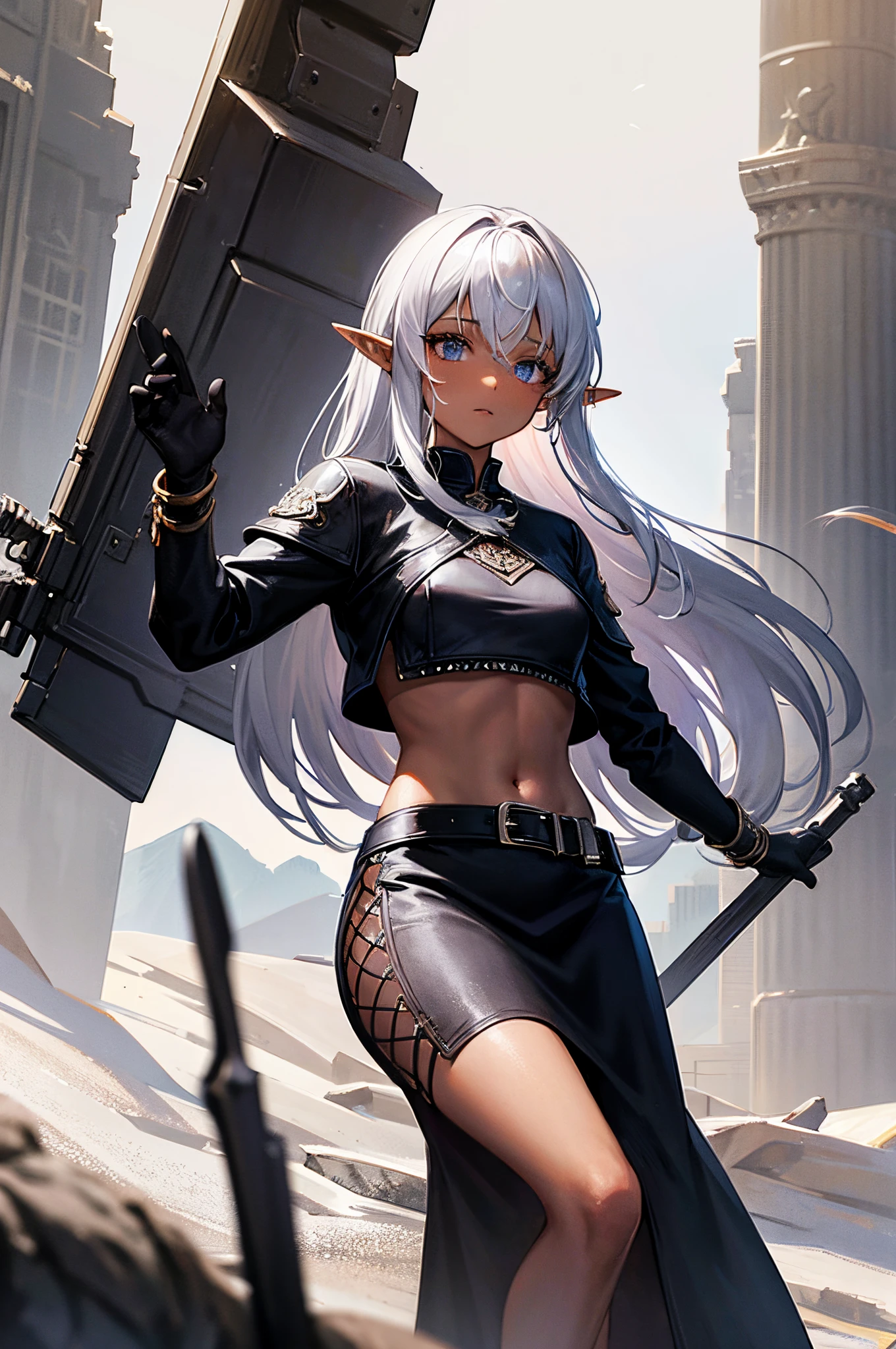 dark skinned, medium silver hair, androgynous, black skirt, elf boy, medieval armor, crop top