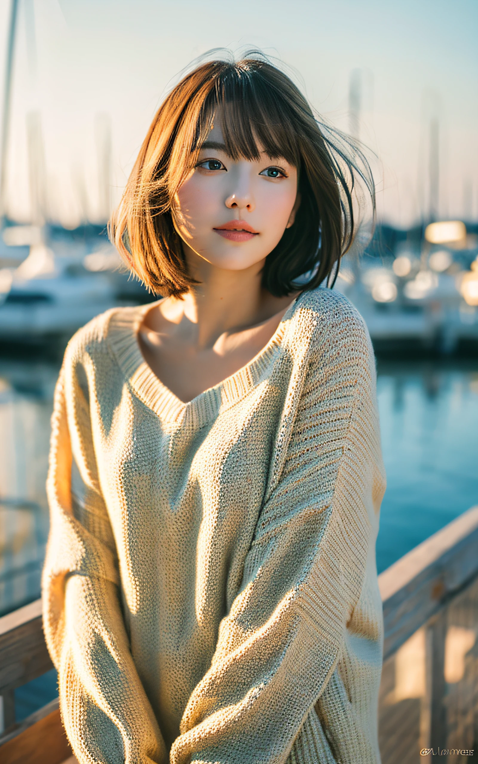 masterpiece, Best Quality, 8K, 1 girl, Yacht harbor, at night, 18 yo, medium breasts, Mouth slightly open, cute little, Solo, sad, Clothes that look good in autumn, Cute, Girly, Delicate girl, Neat and clean beauty, Raw photo, Professional Photography, Portrait, Soft light, Professional Lighting, Back lighting, Upper body, see the beholder, Sophisticated, Film grain, (Eyes and faces with detailed:1.0), Short hair swaying in the wind, beautiful flowing brown hair, Bangs