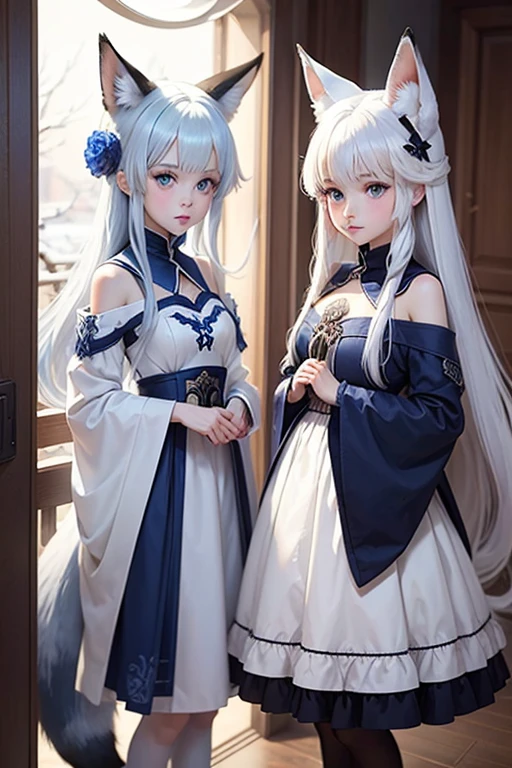Costume theme winter painting style: Gorgeous, Beautiful blue eyes, White hair, Fox ears 、Fox tail、Two girls、Beautiful standing figure