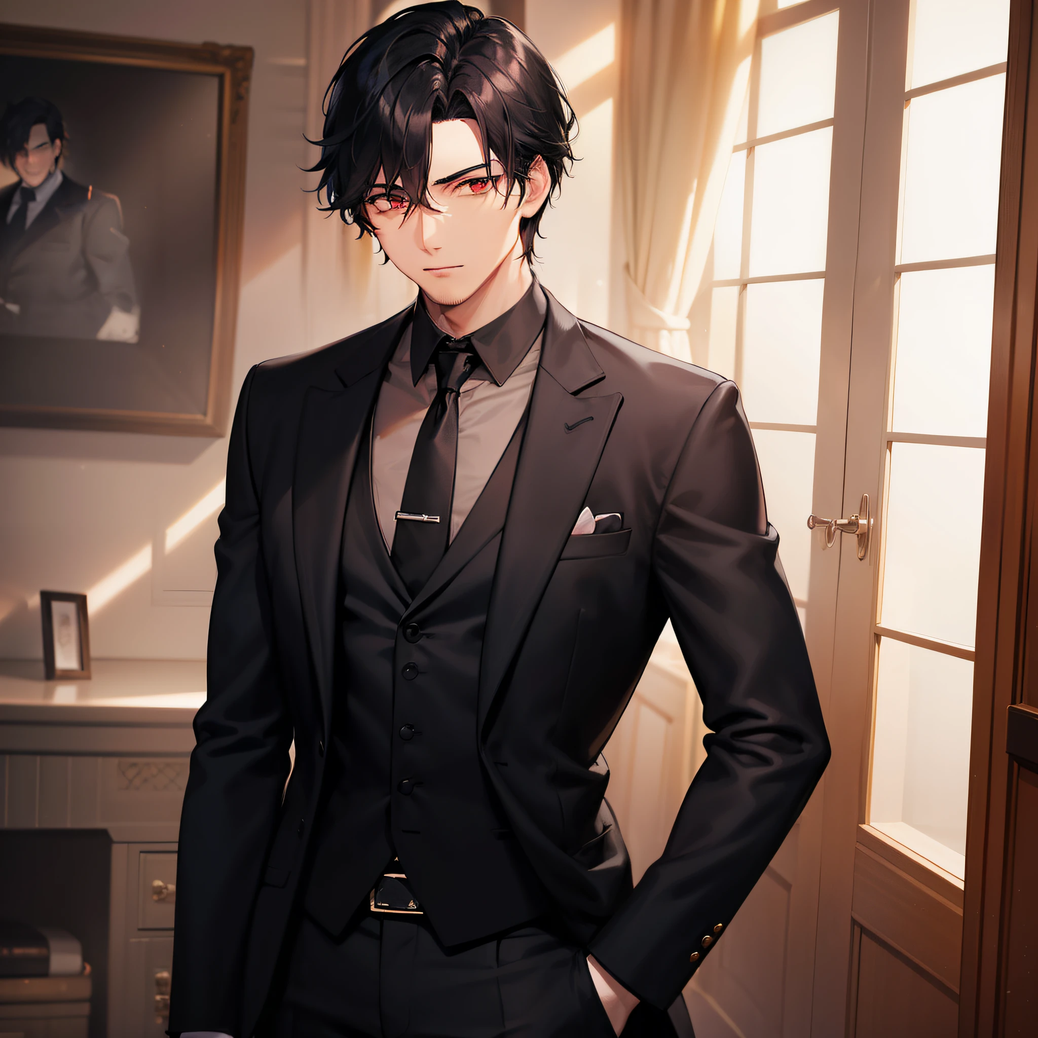A handsome man with deep red eyes and blackish hair, wearing a all black suit, black gloves and looking at you coldly