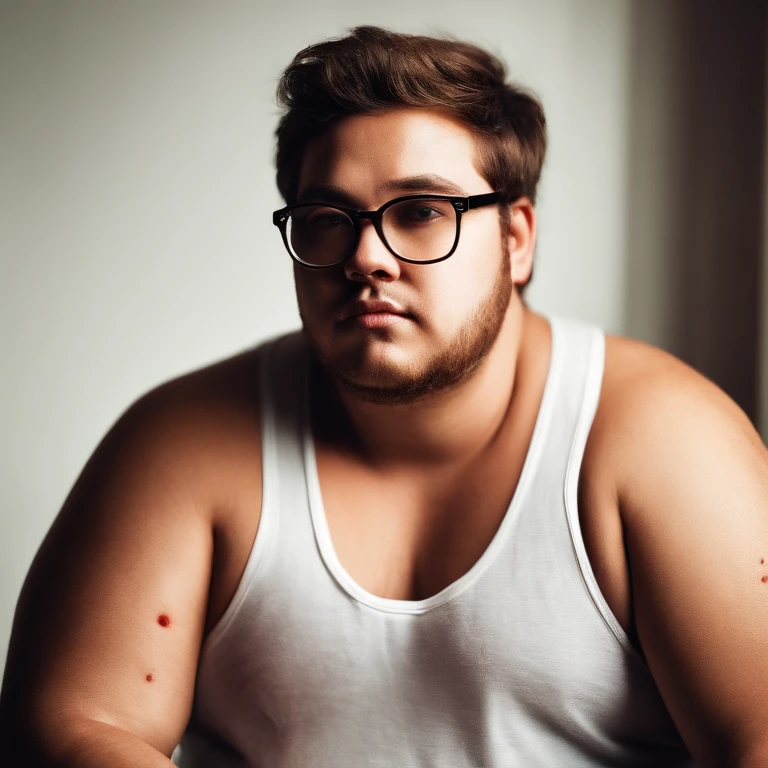 Overweight, wears glasses, wears white tank top, ketchup stains, man,original,Overweight, wears glasses, wears white tank top, ketchup stains, man,face,photo