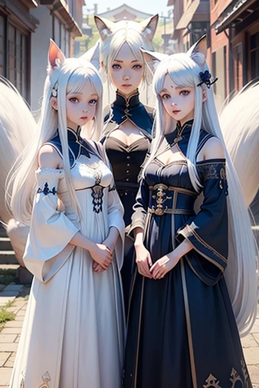 Style: Gorgeous, Beautiful blue eyes, White hair, Fox ears 、Fox tail、Two girls、Beautiful standing figure