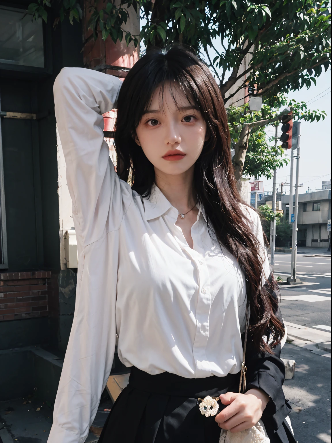 Best quality, 超高分辨率, (realistically:1.4),A tall and beautiful woman,Slender abs,Dark brown hair in loose wavy styling,nedium breasts,Wear a pendant,white button-down blouse,obi strip,a black skirt,(Modern architecture in background),Beautifully rendered details in face and skin textures,Detailed eyes,二重まぶた