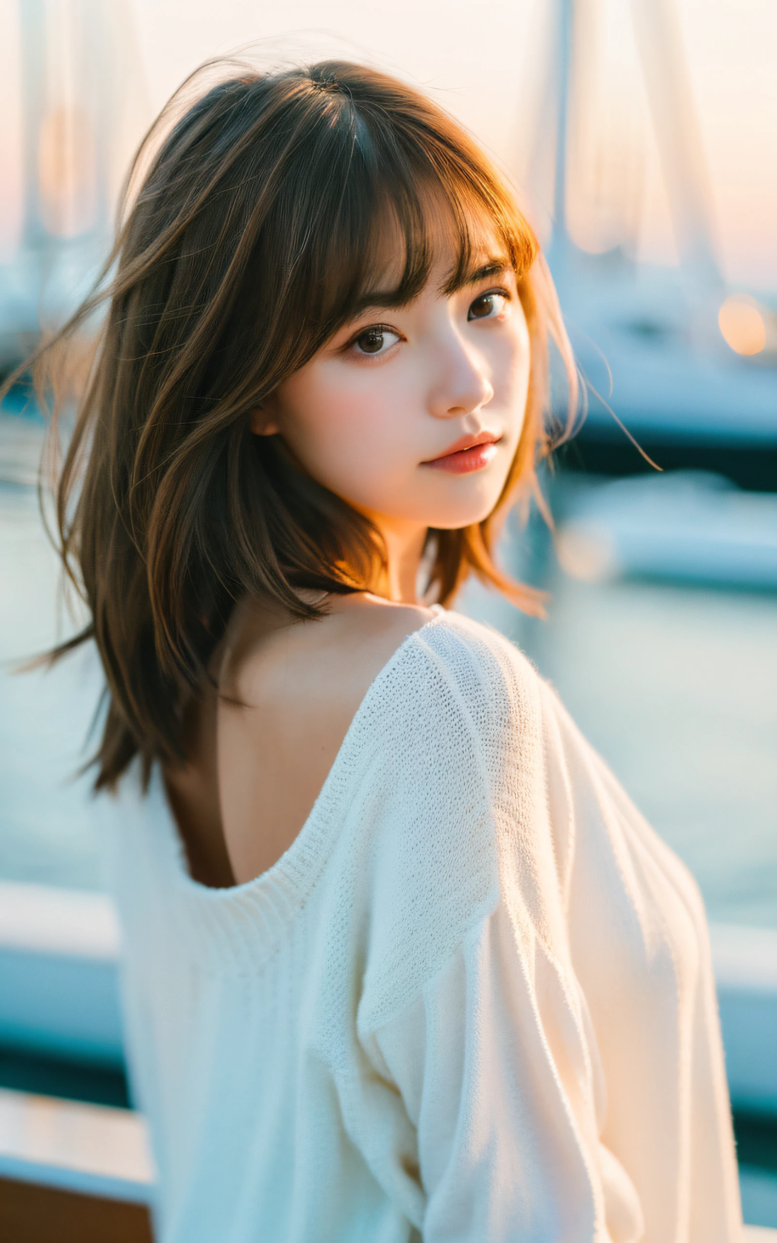 masterpiece, Best Quality, 8K, 1 girl, Yacht harbor, at night, 18 yo, medium breasts⁩, Mouth slightly open, cute little, Solo, sad, Clothes that look good in autumn, Cute, Girly, Delicate girl, Neat and clean beauty, Raw photo, Professional Photography, Portrait, Soft light, Professional Lighting, Back lighting, Upper body, see the beholder, Sophisticated, Film grain, (Eyes and faces with detailed:1.0), Short hair swaying in the wind, beautiful flowing brown hair, Bangs