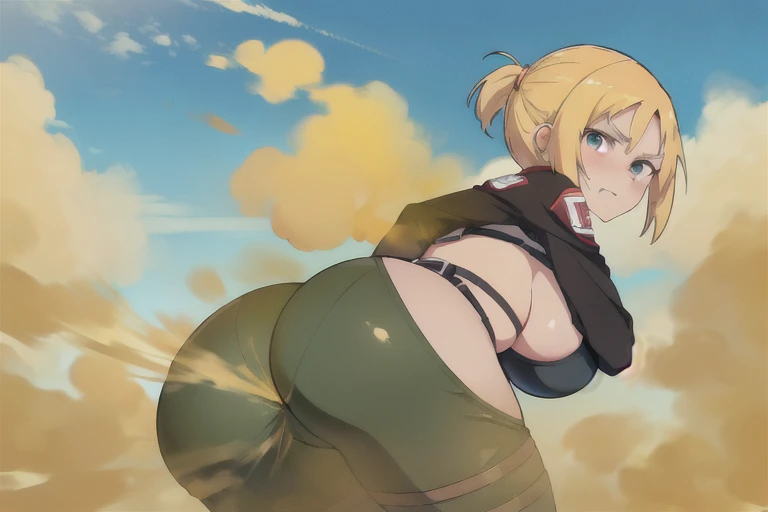 ((annie leonhart))),attack on titan,make similiar like on anime,((Yellow smoke,Attacked by farts, Attack with farts,)),((Sticking out the butt)),(((Yellow smoke is rising ))),((Hip Attack)),((Girl fart)),((wearing military police suit like on attack on titan anime)),(big butt)),((big boobs))