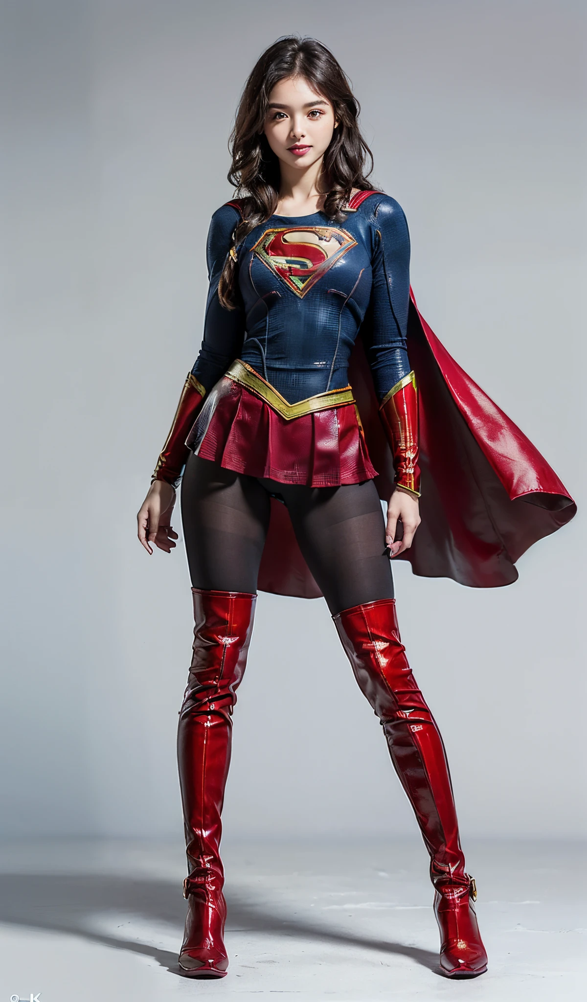 Suffering、mouth is always open sloppily、Drool is always dripping from my mouth、Asian Beautiful Girl、(((Wear black tights on your beautiful legs.)))、(((beauty legs)))、(((facial expression of smile)))、((((Make the most of the original image)))、(((Supergirl Costume)))、(((a short bob、beautiful hairl)))、(((Suffering)))、(((Feet must necessarily be worn with black tights)))、(((You need to wear red boots)))、((Top image quality、8K))、((top-quality、8K、​masterpiece:1.3))、(((Keep your background simple)))、Crisp focus:1.2、Beautiful woman with perfect body shape:1.4、Slender Abs:1.2、a wet body:1.5、Highly detailed facial and skin texture、8K、beauty legs