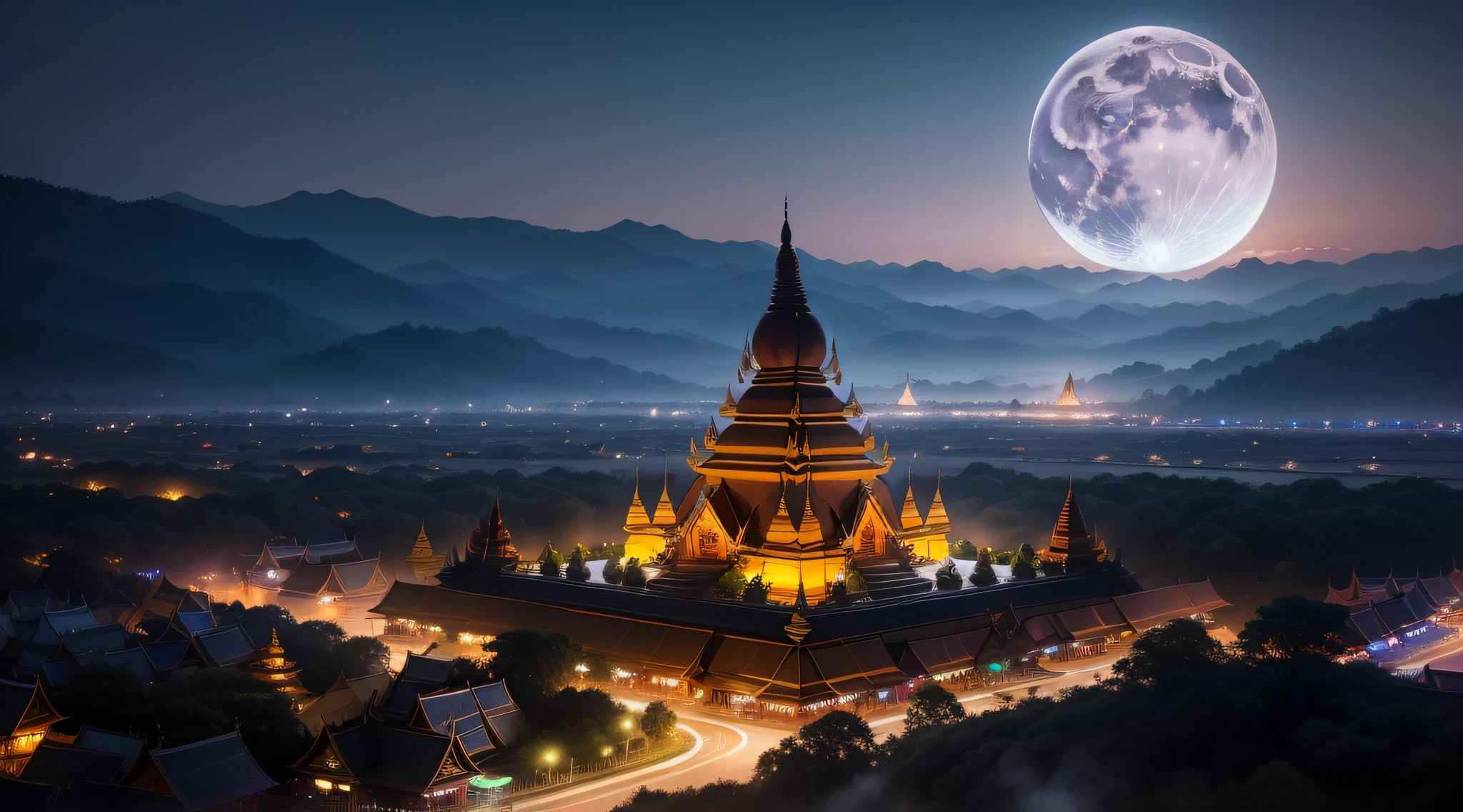 Night view of Thadingyut Festival in Myanmar,There are many pagodas and full moon, dreamy beautiful village, Cinematic, Beautiful night view from above, many lights, many ethnic groups.