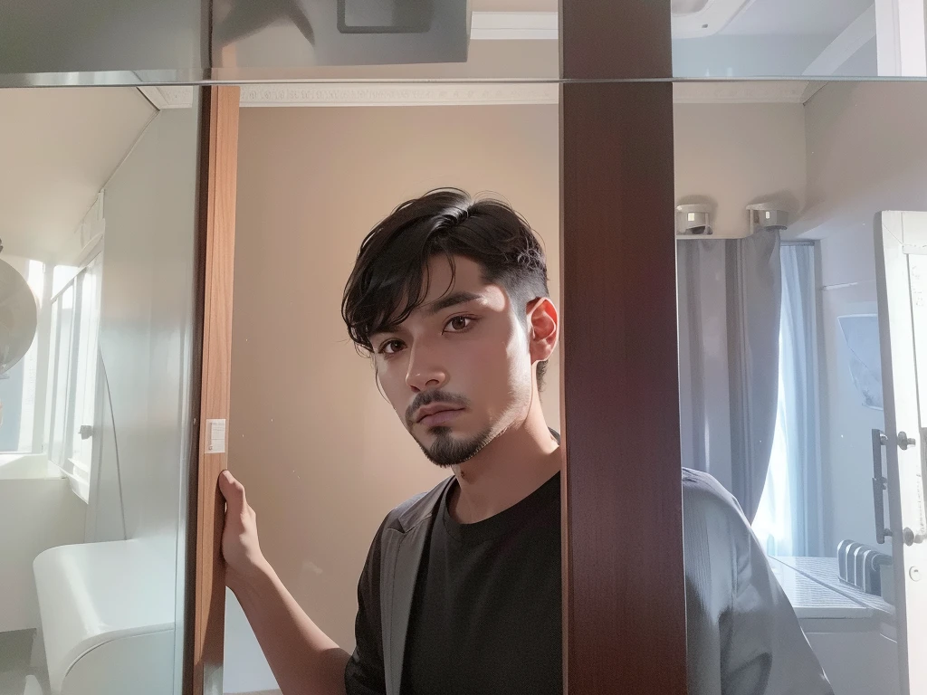 1male, black hair, stern face, sharp eyes, looking at viewer, wavy hair, short hair, suit, city,