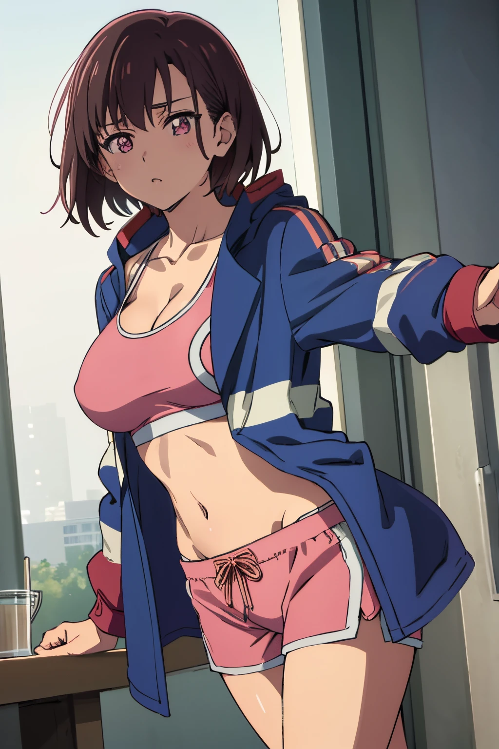 Masutepiece, Best quality, high resolution, ultra high resolution, Depth of fields, 1cgica, single, shizuka mikazuki, short hair, brown hair, pink eyes, hair pin, long sleeves, cleavage, big tits, medium waist, medium hips, wide thighs, collarbone, jacket, off jacket, open jacket, blue jacket, pink sports bra with gray lines, tight bra, pink sports shorts with gray lines, short shorts, tight shorts,