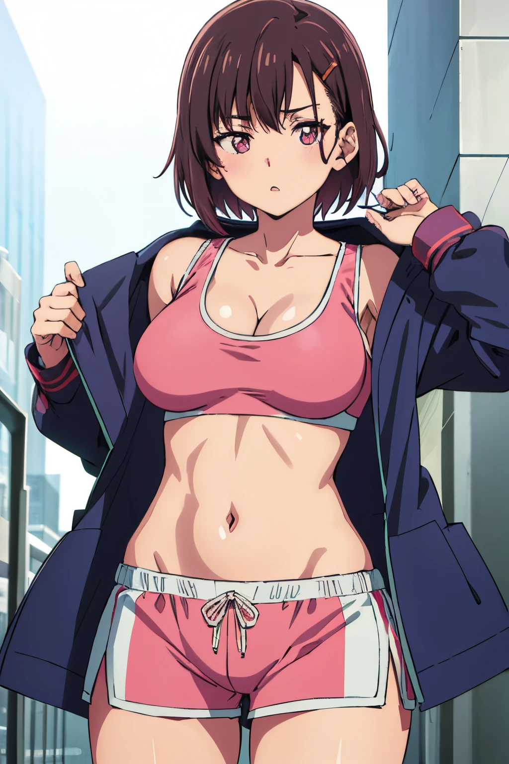 Masutepiece, Best quality, high resolution, ultra high resolution, Depth of fields, 1cgica, single, shizuka mikazuki, short hair, brown hair, pink eyes, hair pin, long sleeves, cleavage, big tits, medium waist, medium hips, wide thighs, collarbone, jacket, off jacket, open jacket, blue jacket, pink sports bra with gray lines, tight bra, pink sports shorts with gray lines, short shorts, tight shorts,