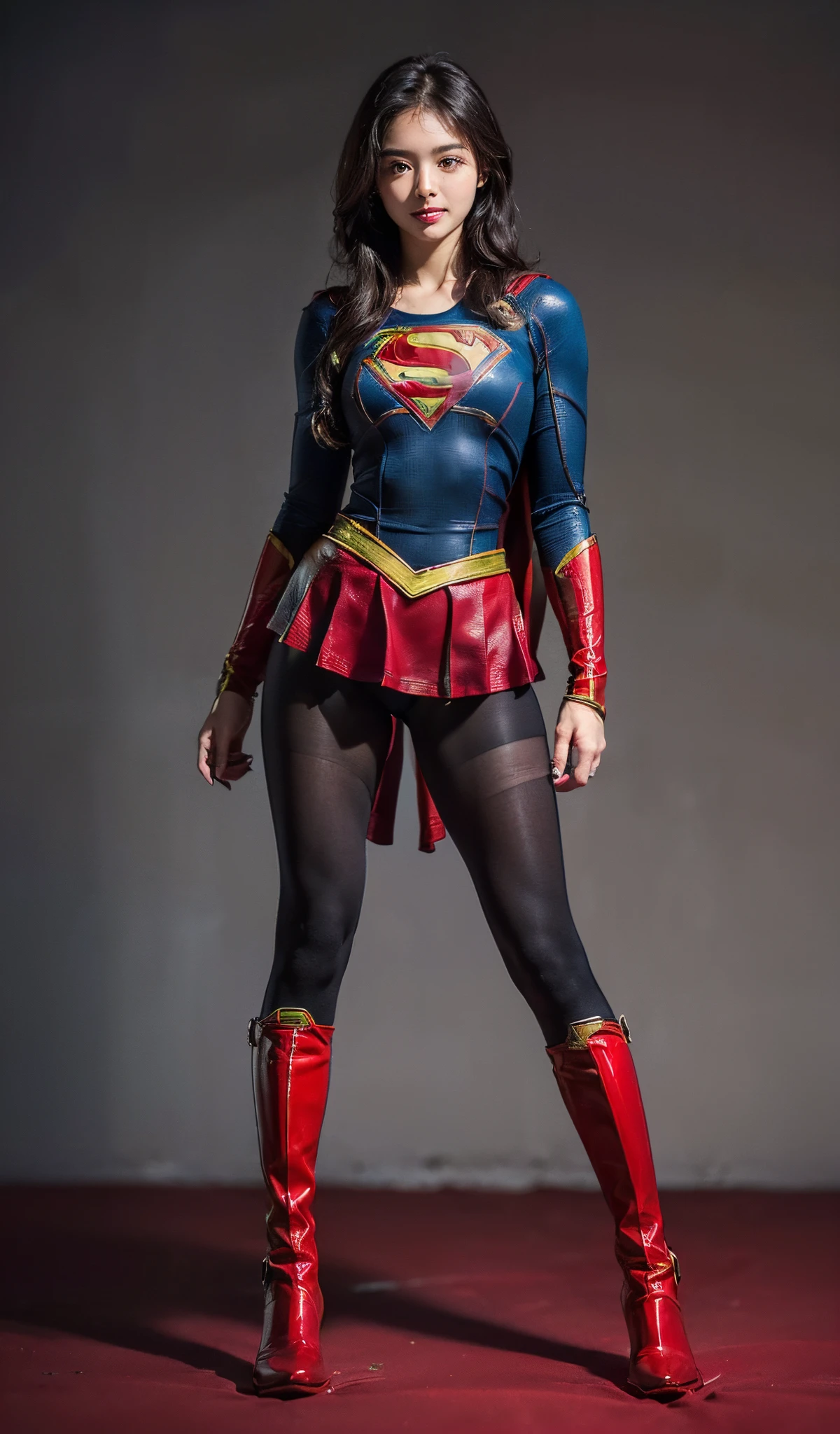 Suffering、mouth is always open sloppily、Drool is always dripping from my mouth、Asian Beautiful Girl、(((Wear black tights on your beautiful legs.)))、(((beauty legs)))、(((facial expression of smile)))、((((Make the most of the original image)))、(((Supergirl Costume)))、(((a short bob、beautiful hairl)))、(((Suffering)))、(((Feet must necessarily be worn with black tights)))、(((You need to wear red boots)))、((Top image quality、8K))、((top-quality、8K、​masterpiece:1.3))、(((Keep your background simple)))、Crisp focus:1.2、Beautiful woman with perfect body shape:1.4、Slender Abs:1.2、a wet body:1.5、Highly detailed facial and skin texture、8K、beauty legs