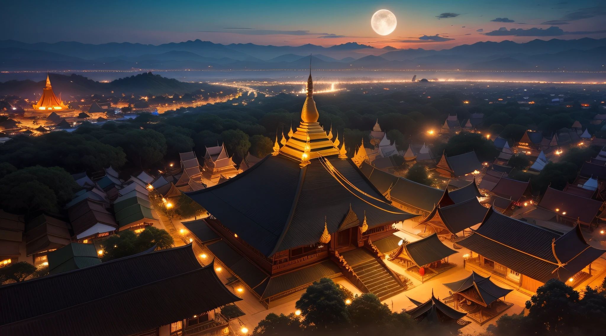Night view of Thadingyut Festival in Myanmar,There are many pagodas and full moon, dreamy beautiful village, Cinematic, Beautiful night view from above, many lights, many ethnic groups.