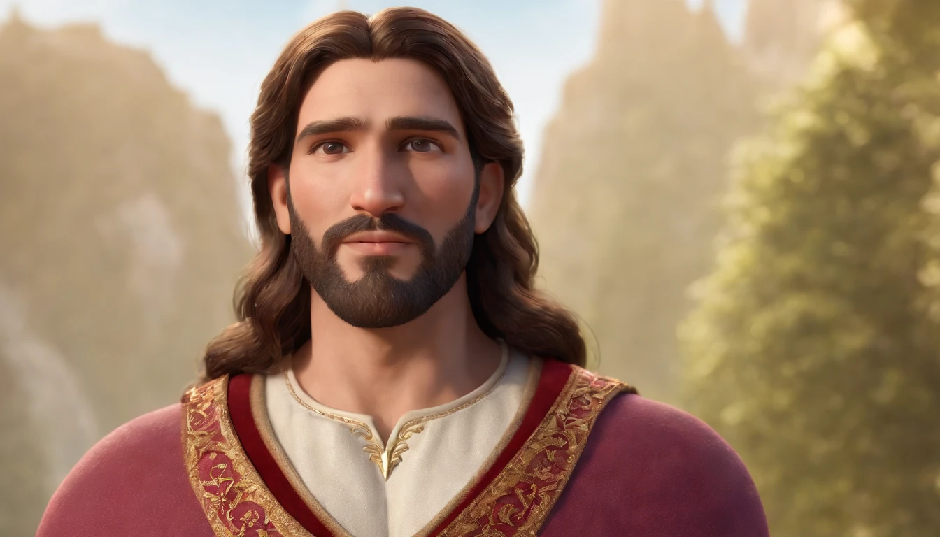 a pixa Disney cartoon  of biblical times "Generate a realistic depiction of Jesus as a leader in Heaven; leading many people dress in white, com flores coloridas ao redor e luz suave iluminando seu rosto." high definition image, detalhamento alto e estilo fotorrealismo. Imagem com pelo menos 300 dpi, UHD 8k in heaven, a very beautiful place in heaven, animated film, 3 d animated movie, animated still, animated movie, inspired by Johannes Helgeson, jesus wasted at a party, animation film, animated film still, rendered in corona, epic illumination, 3 d animated, 3d animated, he is greeting you warmly Caractere estilizado, animation style rendering, 3D estilizado, Arnold Maya render, 3 d render stylized, toon render keyshot, Personagem 3D, Personagem 3D, 3d rendering stylized, 3 d character render, personagem de desenho animado, Personagem de close up, Pose de personagem,  (Estilo Pixar) (master part:1.2) (Bokeh) (best quality) (pele detalhada) (textura detalhada) (8k) (argila) (Cinematic lighting) (foco nítido