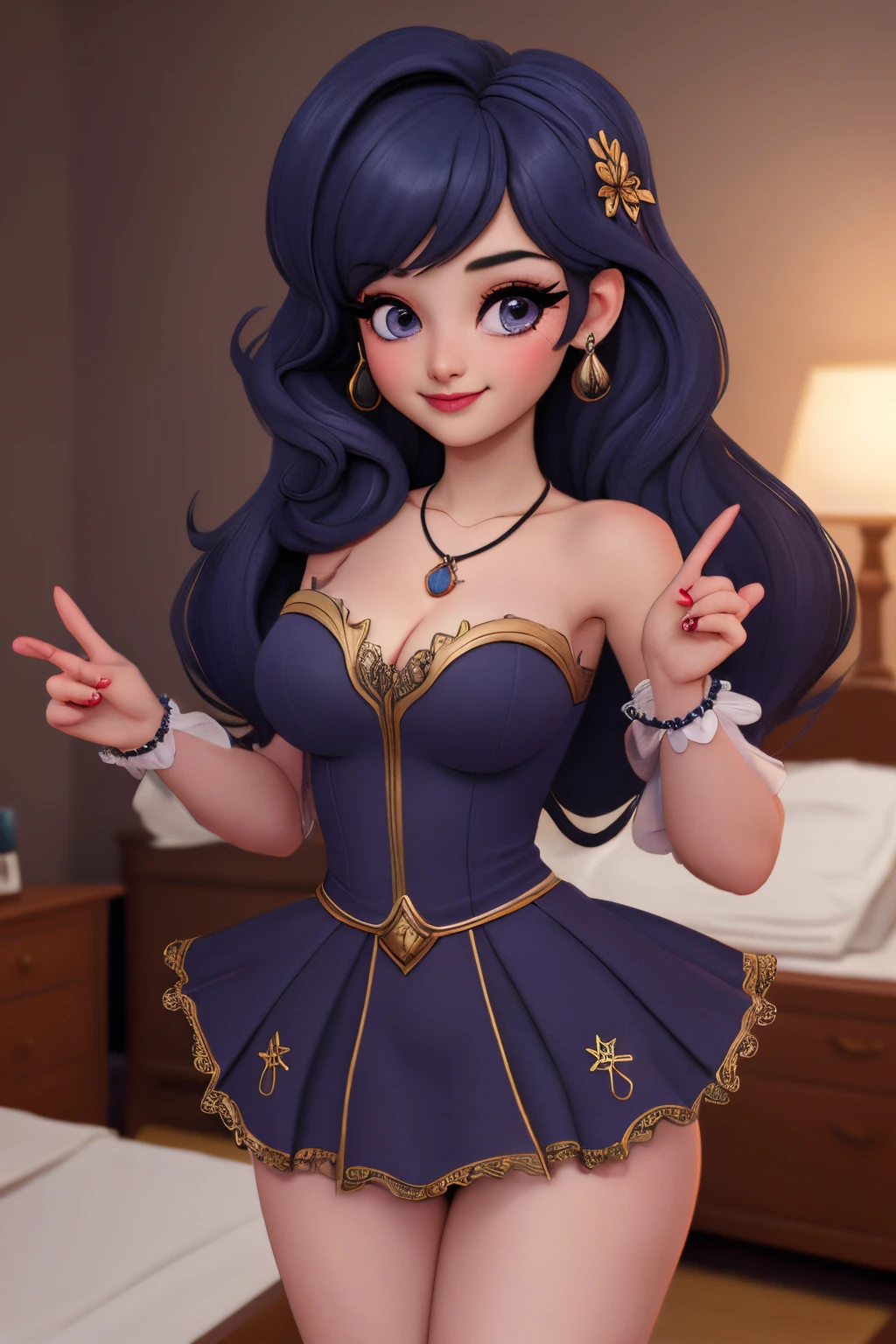close up 1girl in, 20years, Solo, Aesthetic artwork, long dark blue hair, thick dark blue hair, Violet eyes, clear skin, pale skin, massive breasts, DD-Cup, cleavage, fit body, (round hips, thin waist: 1.25), (Sirius face, dark lipstick, sultry smile:1.1), (wearing cocktail dress purple, bare shoulders, high heels, necklace:1.1), (dancing pose:1.21), (detailed bedroom background:1.1), on a bed, lying on cozy bed, 4k textures, soft cinematic light, RAW intricate, elegant, highly detailed, sharp focus, soothing tones, insane details, intricate details, hyperdetailed, low contrast, soft light, exposure blend, hdr, faded
