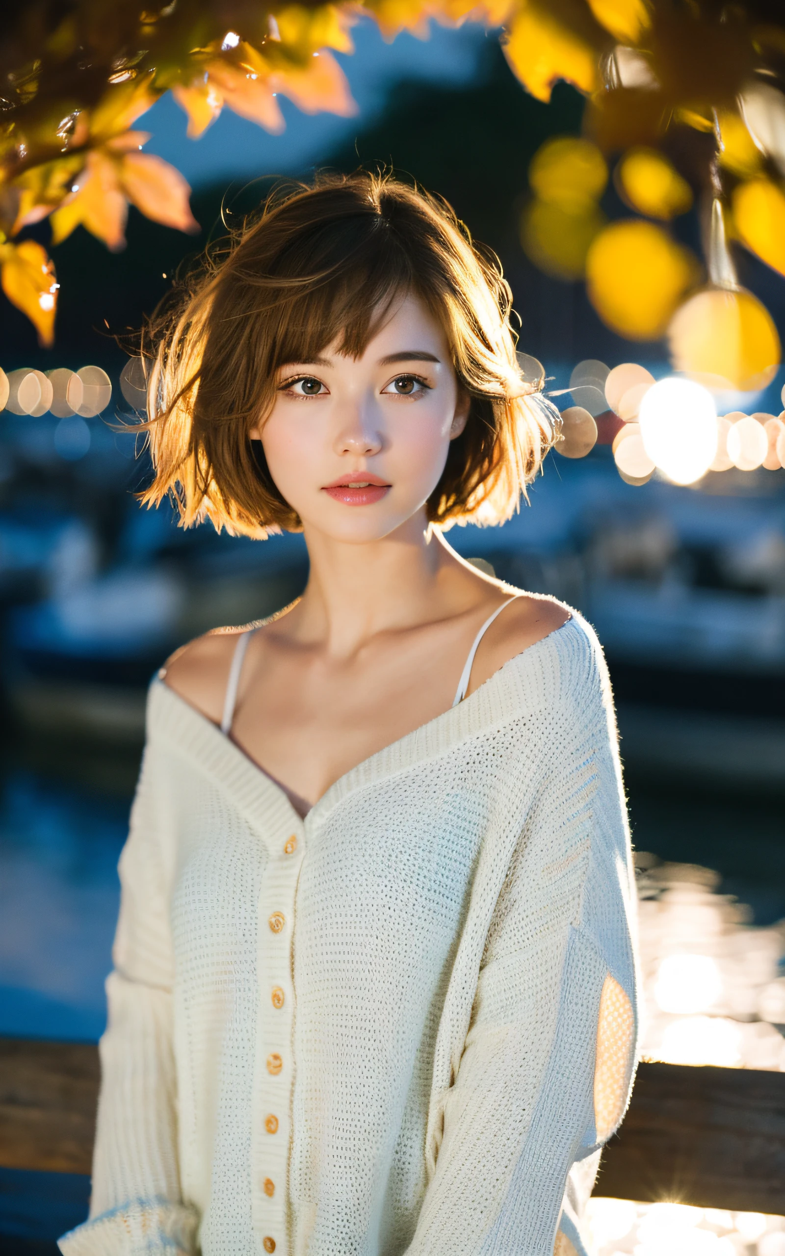 masterpiece, Best Quality, 8K, 1 girl, Yacht harbor, at night, 18 yo, medium breasts⁩, Mouth slightly open, cute little, Solo, sad, Clothes that look good in autumn, Cute, Girly, Delicate girl, Neat and clean beauty, Raw photo, Professional Photography, Portrait, Soft light, Professional Lighting, Back lighting, Upper body, see the beholder, Sophisticated, Film grain, (Eyes and faces with detailed:1.0), Short hair swaying in the wind, beautiful flowing brown hair, Bangs