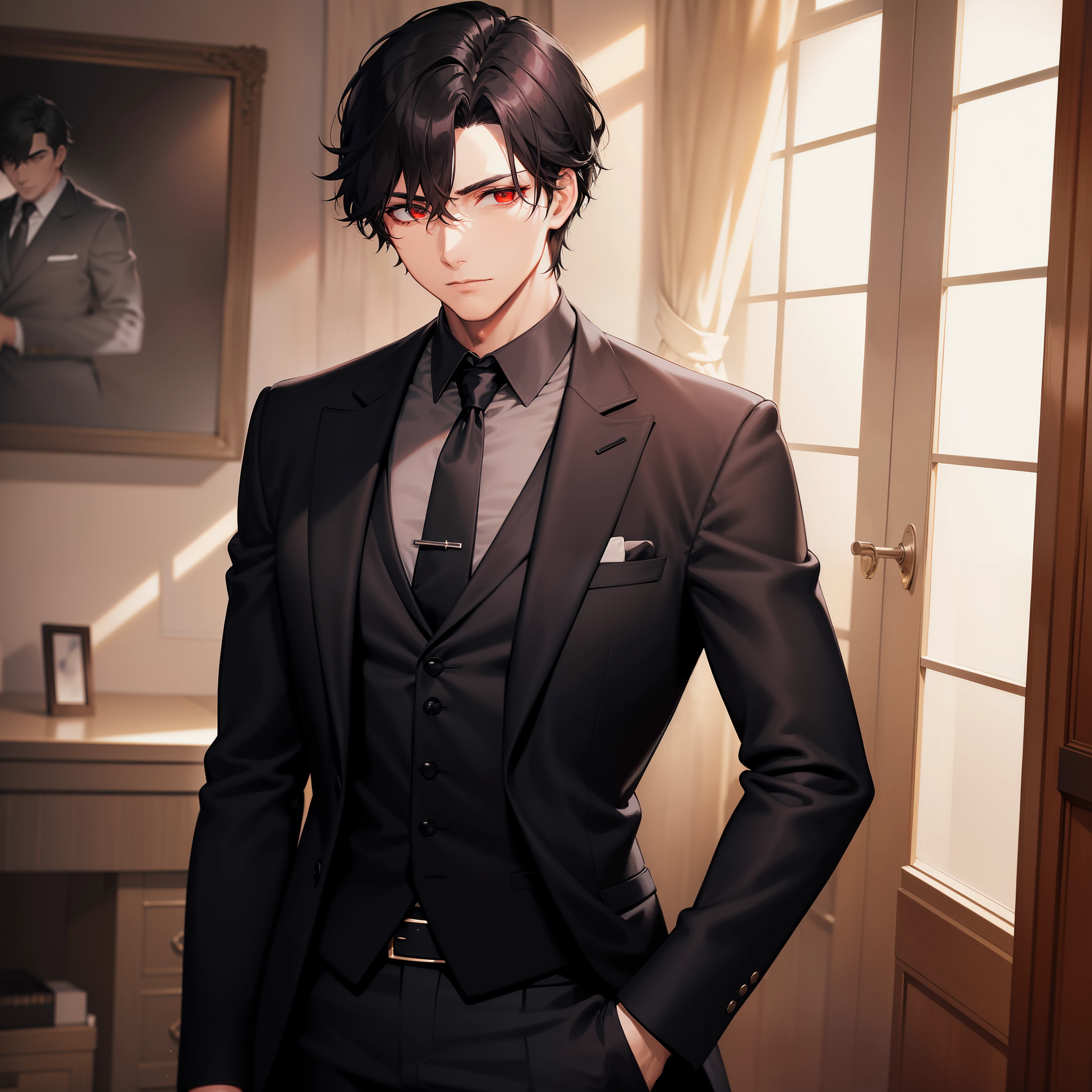 A handsome man with deep red eyes and blackish hair, wearing a all black suit, black gloves and looking at you coldly