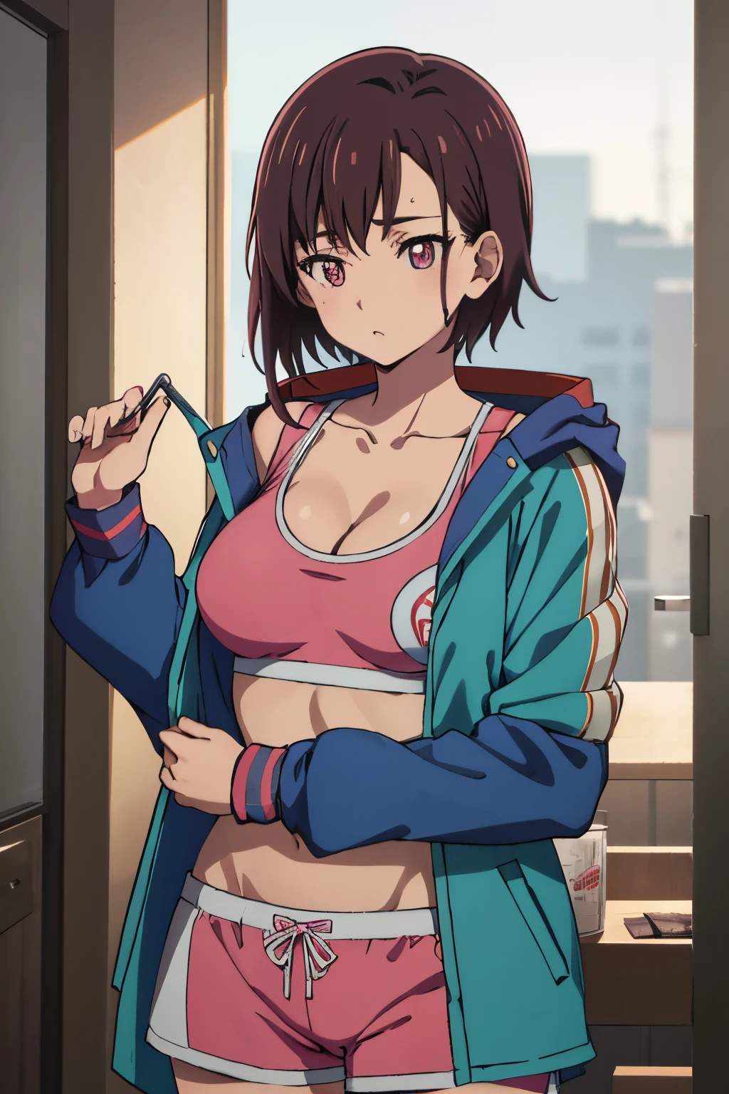 Masutepiece, Best quality, high resolution, ultra high resolution, Depth of fields, 1cgica, single, shizuka mikazuki, short hair, brown hair, pink eyes, hair pin, long sleeves, cleavage, big tits, medium waist, medium hips, wide thighs, collarbone, jacket, off jacket, open jacket, blue jacket, pink sports bra with gray lines, tight bra, pink sports shorts with gray lines, short shorts, tight shorts,