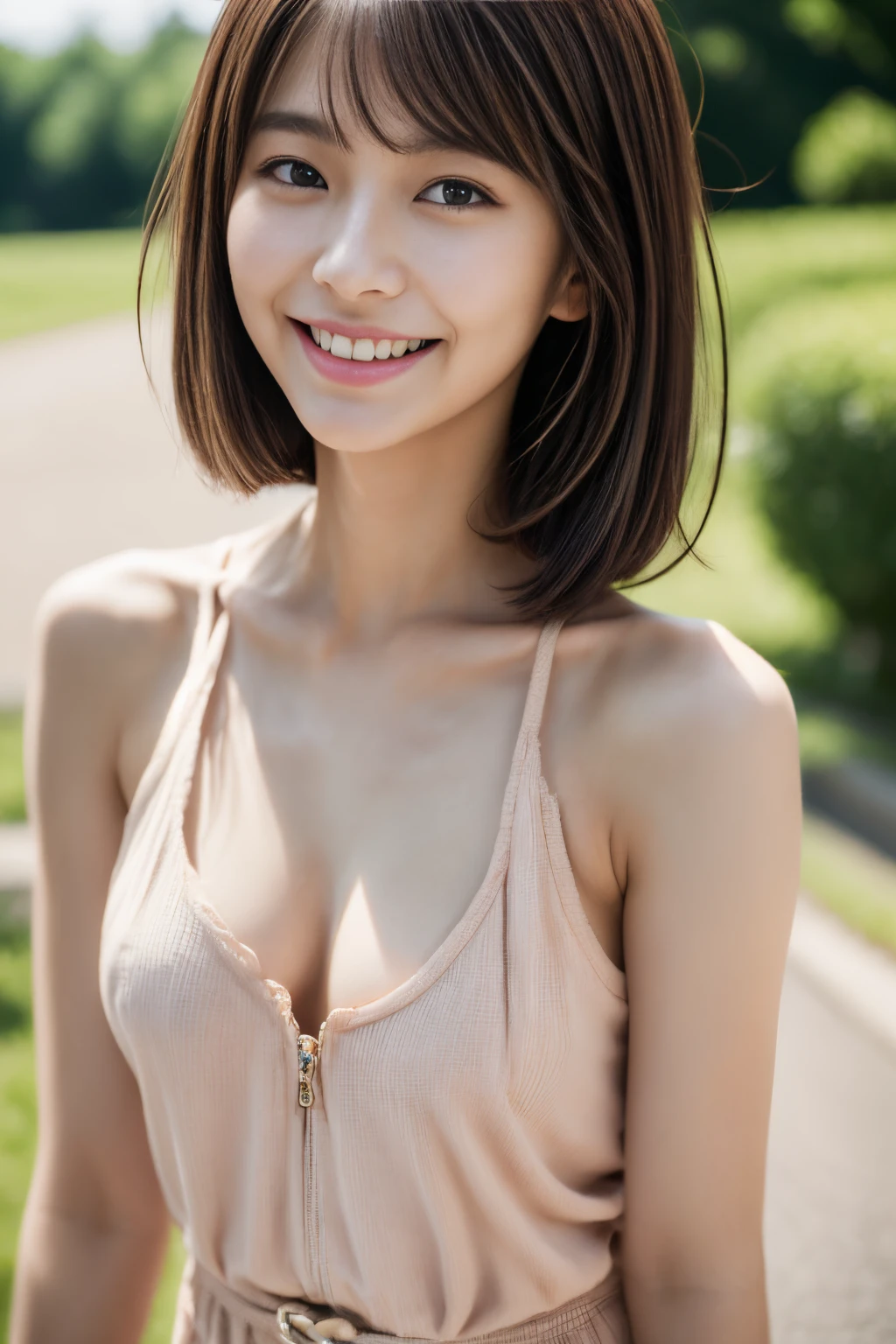 Close up of woman posing for photo,  Japanese Models, Beautiful Asian Girl, 20-year-old female model,  4K、bangss、Brown hair、bobhair、Middle hair、(Tank Tops、Onepiece:1.2),　(Super cute face in idol style:1.2)、slim and beautiful figure、beutiful breast、A smile、