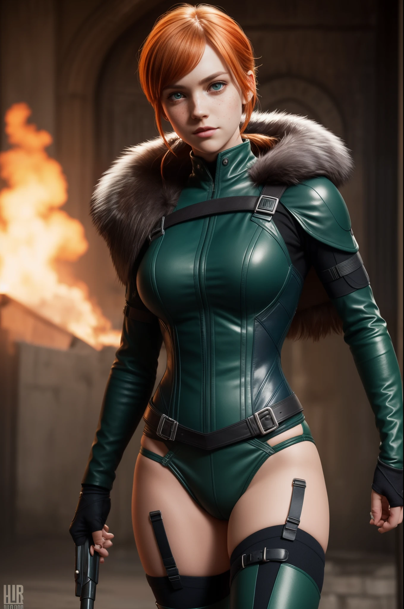 (Gwen Stacey:Jill Valentine:Rebecca Chambers), 1girl, close-up, high detail face, sexy armor, head and neck jewelry, short hair, long fur cape, wolf fur, corset, medieval city background, green eyes, orange hair, shy smile, freckles, redhead, beautiful girl, large breasts, thigh high boots, garter belt,detailed, 8k, HDR, shallow depth of field, wide light, high contrast, backlight, light flares, chromatic aberration, sharp focus, RAW color photo, looking at the camera, various poses