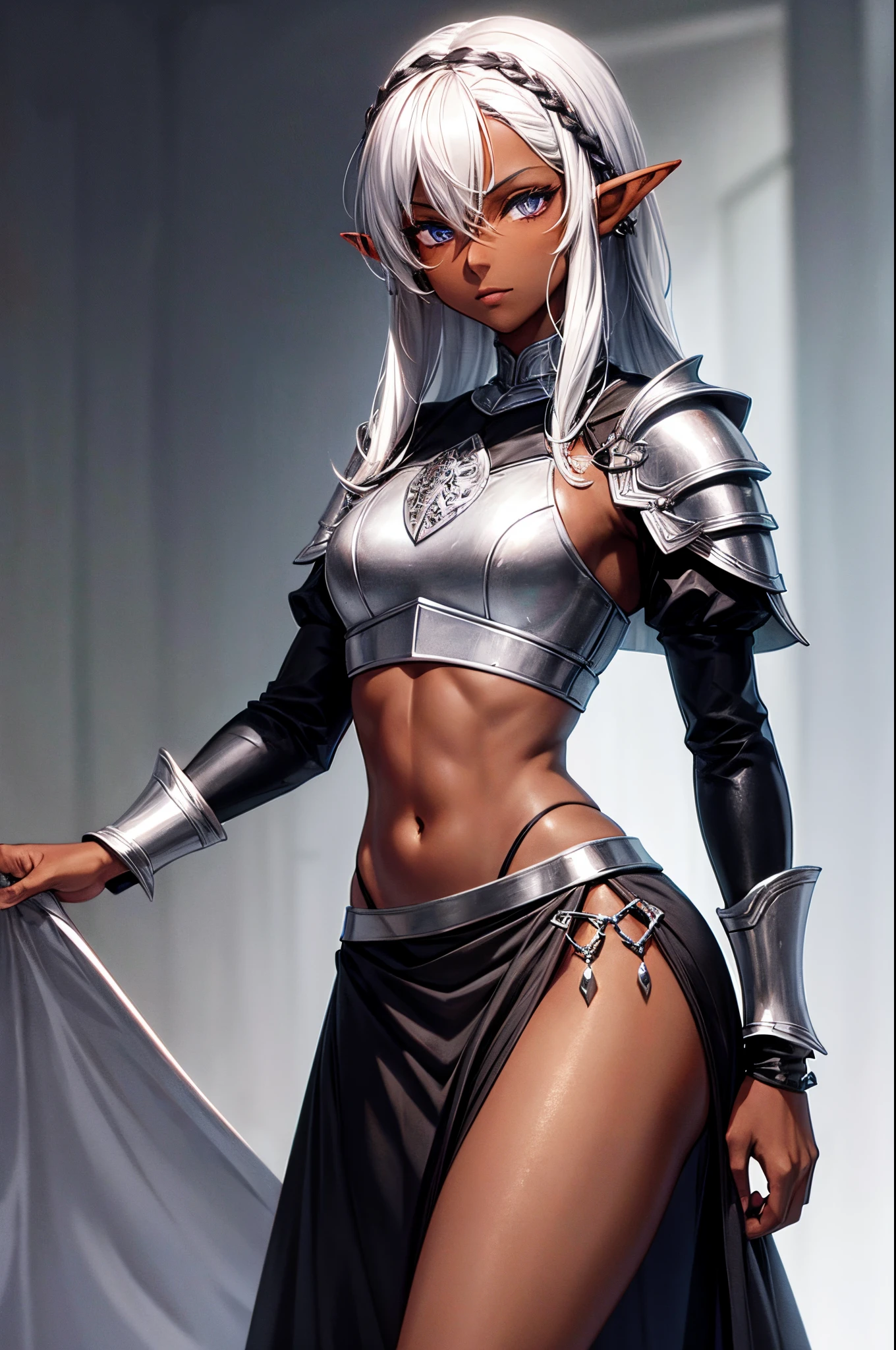 dark skinned, medium silver hair, androgynous, black skirt, elf boy, medieval armor, crop top