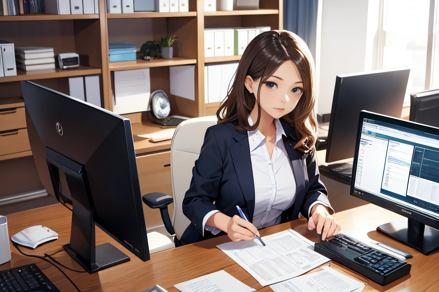 Office lady working on a computer at her office desk、1girl in, serious cover、brown Wavy hair、