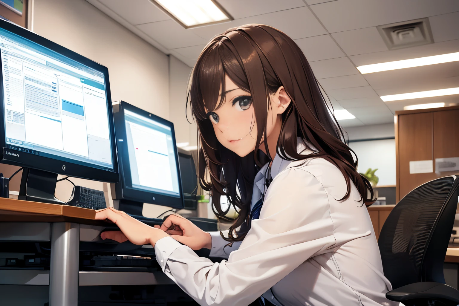 Office lady working on a computer at her office desk、Serious、1girl , professional