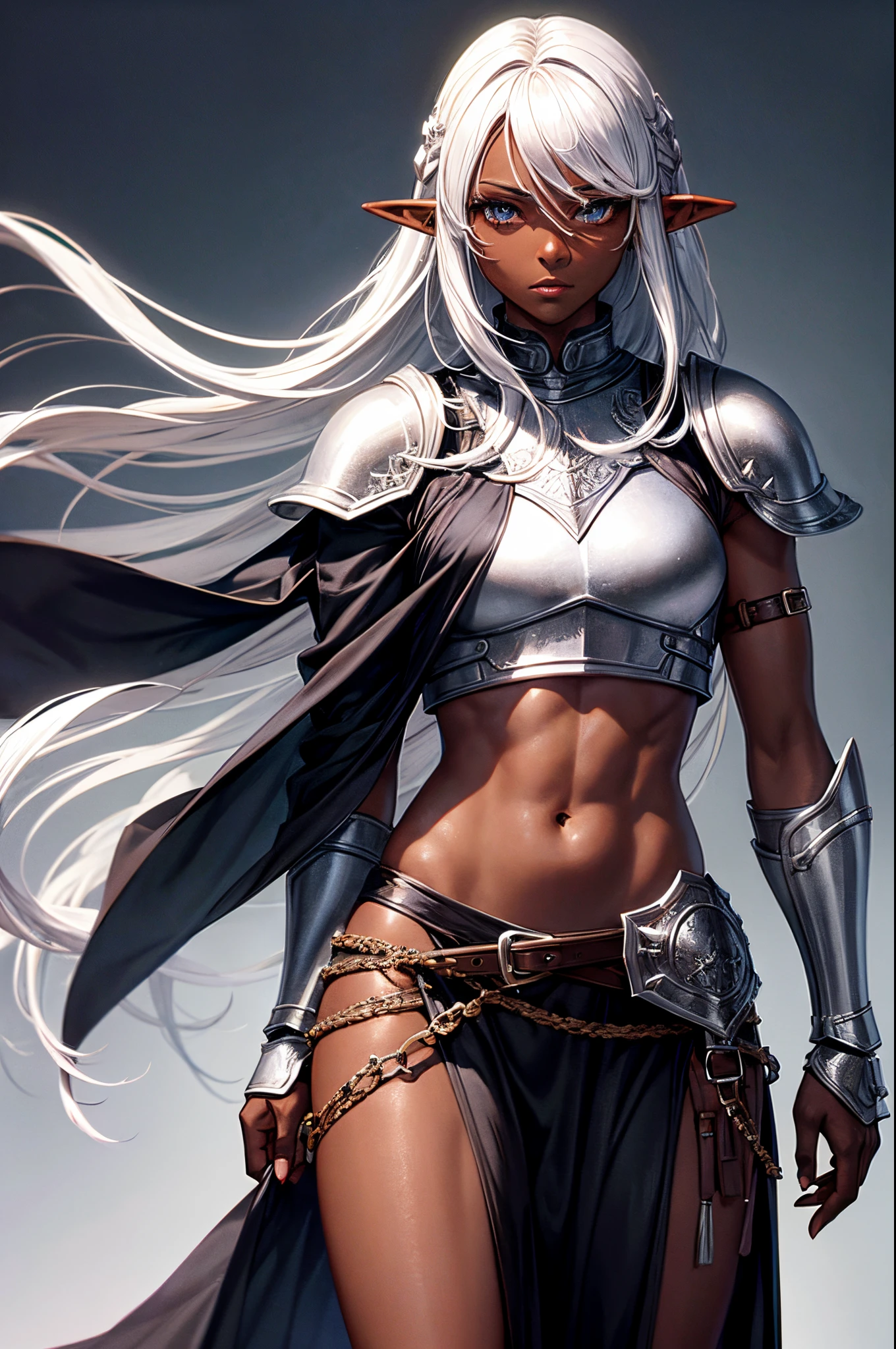 dark skinned, medium silver hair, androgynous, black skirt, elf boy, medieval armor, crop top