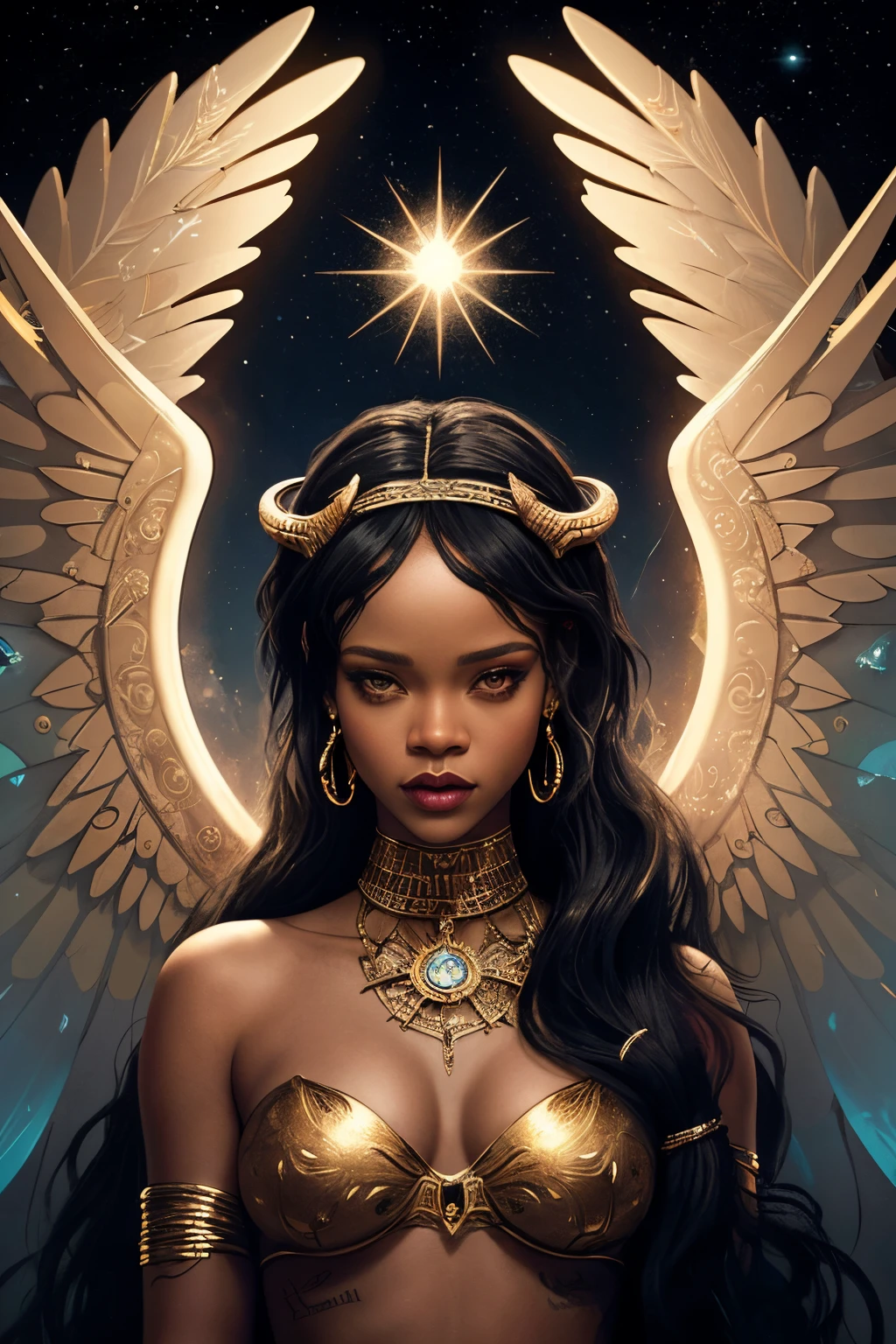 "Generate an AI image depicting Rihanna as a captivating and ethereal mythological creature. Blend her iconic features with elements from various mythologies to create a unique and enchanting portrayal. Consider incorporating mythical traits such as wings, celestial motifs, or other fantastical elements that complement Rihanna's persona while maintaining an otherworldly and mystical aesthetic."