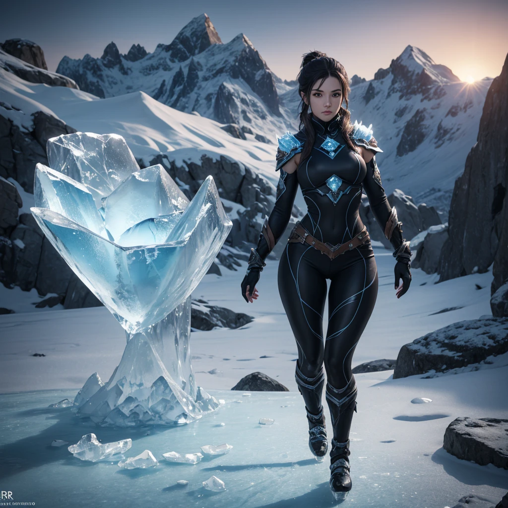 8k, unreal engine 5, ultra high quality, ultra detailed, ultra high resolution, ultra shapness, ice giantess, body made of ice, ice as skin, cinematic, solo focus perfect body proportions, detailed body, detailed fingers, ice body, full body, stand infront of mountain, frost silk attire, auora night sky, tiny humans running away from her in the background