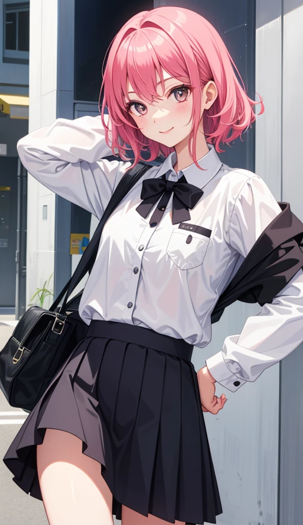 (masterpiece, best quality:1.5), (ultra detailed, high resolution, 8k, beautiful detailed, UHD, best anatomy), pink hair, small breasts, 1 girl, closed eyes, kissy face, A hopeful background, front view, cardigan, flared skirt, business shirt, Come closer to pov