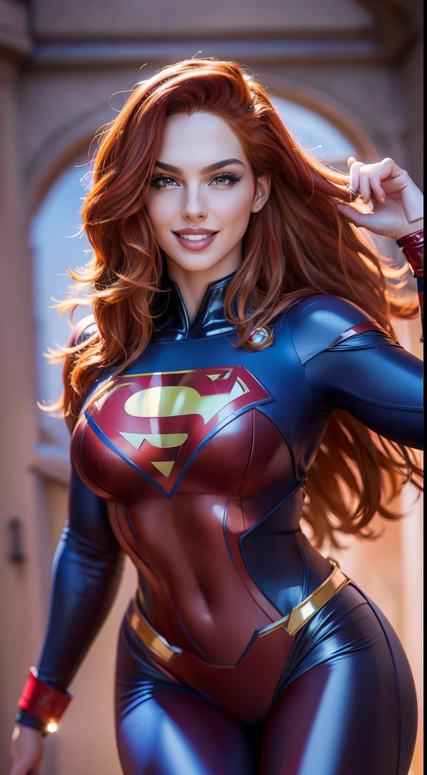 Photo of MissBri, "Supergirl's masterpiece of art complete, high quality, ultra detailed in 4k, 8k, high resolution, hyper-realistic photo, hyper-detailed, realistic skin texture, amazing shadows, extremely detailed texture, perfect lighting, high-level image quality." A female superheroine, inspired by x-man, Fair skin, brown hair, outlined brown eyes, outlined face, bracelet, Full body, Nice super hero clothes, in the florest, outside a mansion, symbol S of superman, smile, perfect body, gorgeous woman