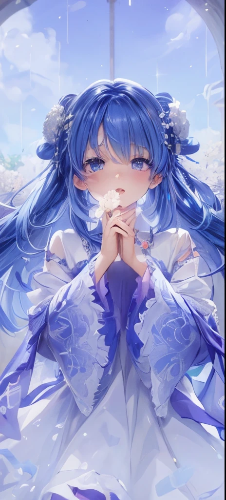 One in a white dress、blue hairs、Girl with a flower in her hair, Anime visuals of a cute girl, Cute anime waifu wearing beautiful clothes, Beautiful anime girls, beautiful anime artwork, beautiful anime art, Beuatiful anime, clean and meticulous anime art, Anime cute art style, Anime style 4k, a beautiful anime portrait, detailed digital anime art, beautiful anime style