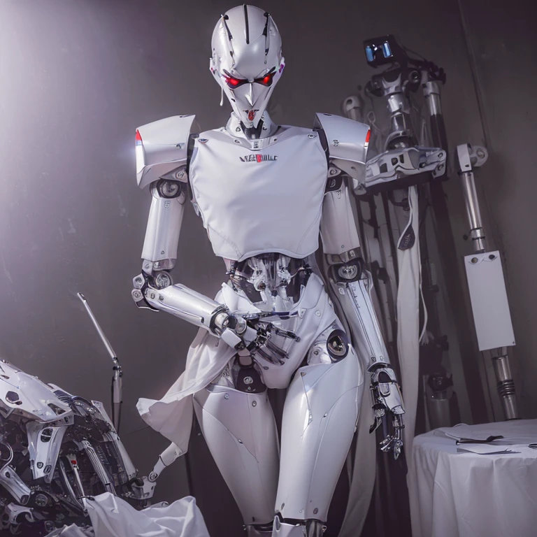 (8k, RAW photo, best quality, erotic, homoerotic, looking at viewer, face, eyes:1.5), (1boy, slender androgynous male, queer, depraved sissy villain, robot, mechanical masculine crotch:1.65)