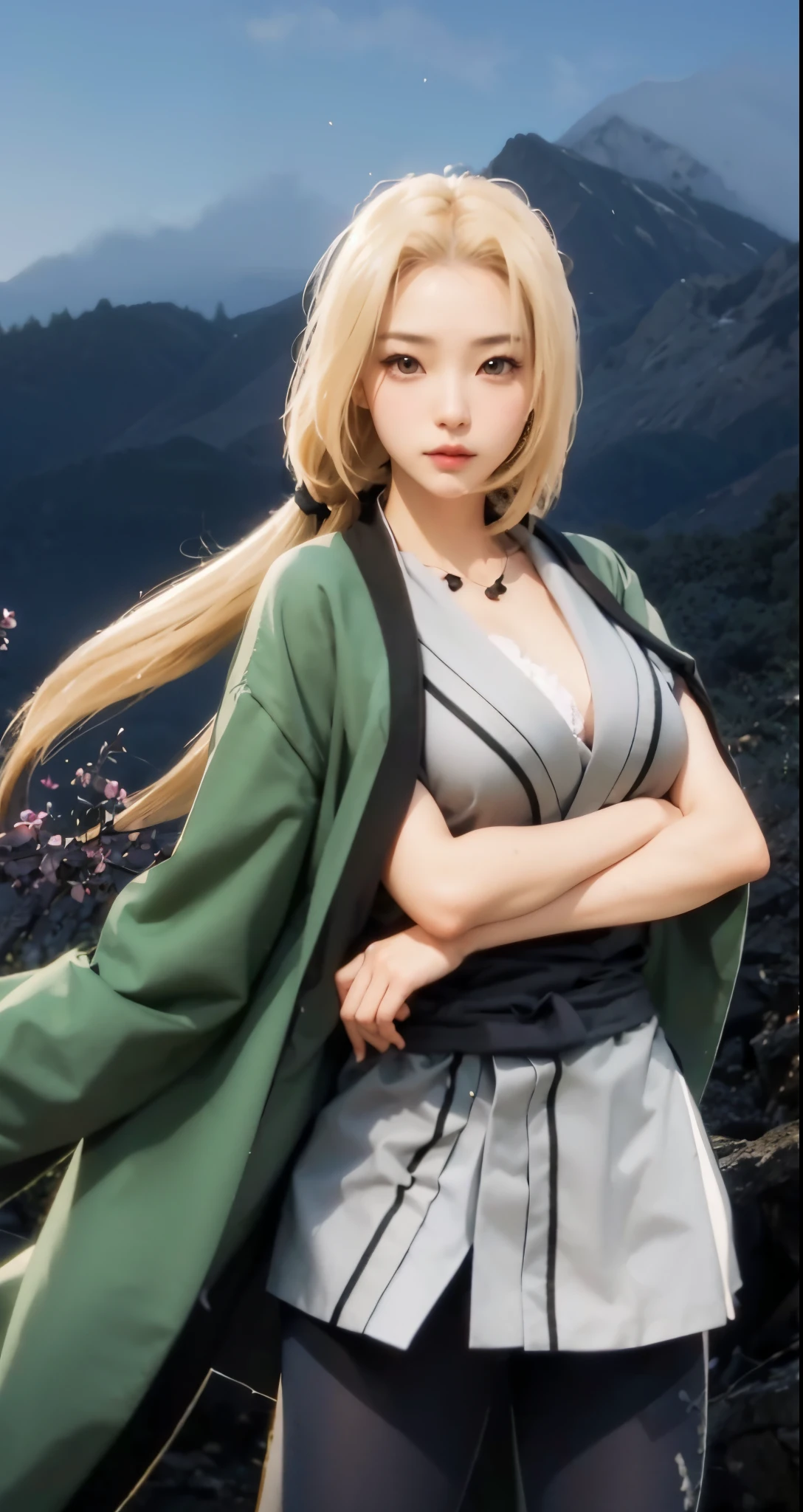 Real life adaption of this character , Adult Japanese beauty face , (realistic same hair) , (realistic same outfit),realistic background , realistic light, realistic shadow, realism, hyper realistic,(photorealistic:1.2), normal small eyes,big breast,wear realistic thight stocking
